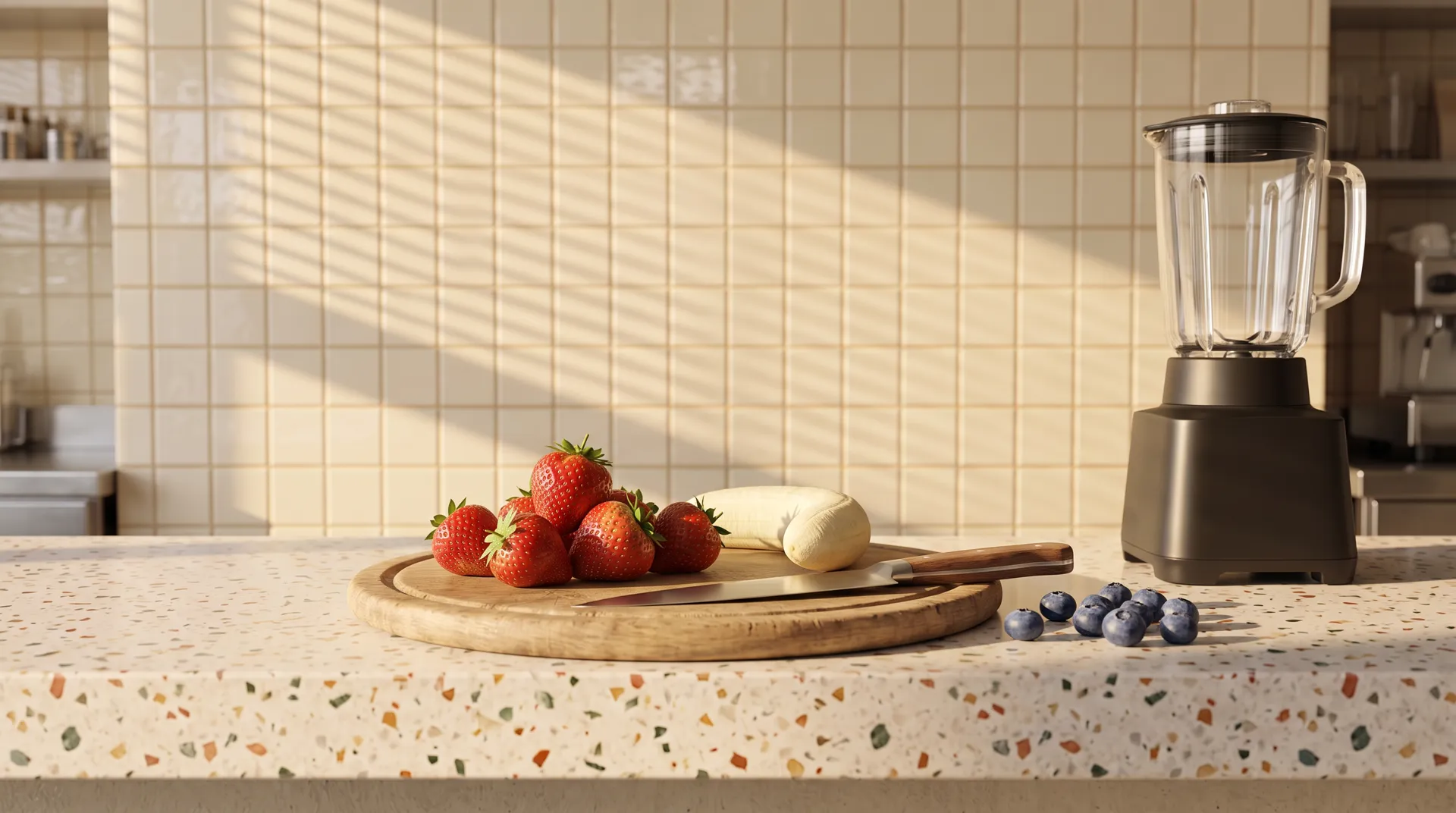 Strawberries, a peeled banana and a knife on a round wooden board, blueberries beside it