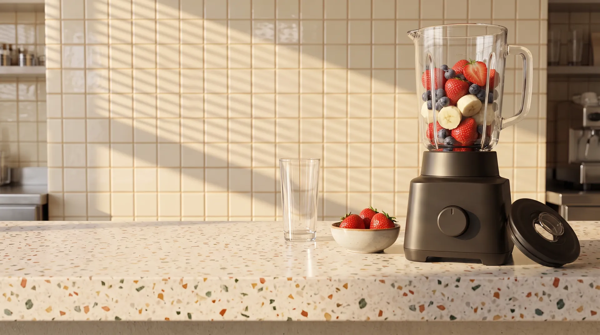 A blender jar full of strawberries, blueberries and slices of banana