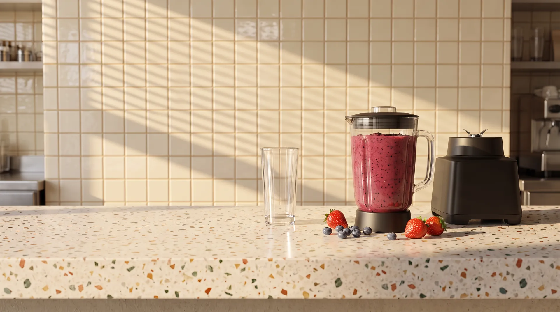 A jar of berry smoothie beside an empty glass, strawberries and blueberries on the counter