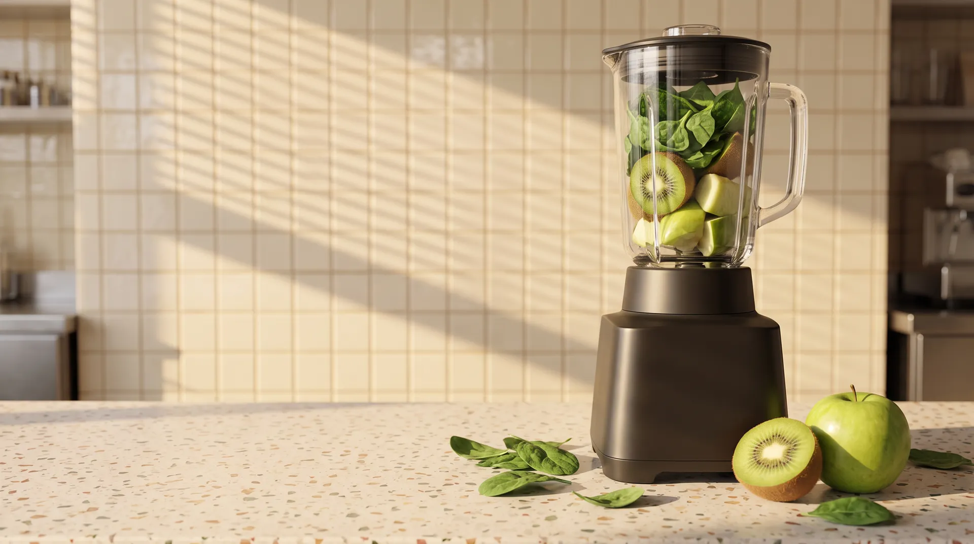 A blender jar of spinach, kiwi and apple, a kiwi and a green apple beside it