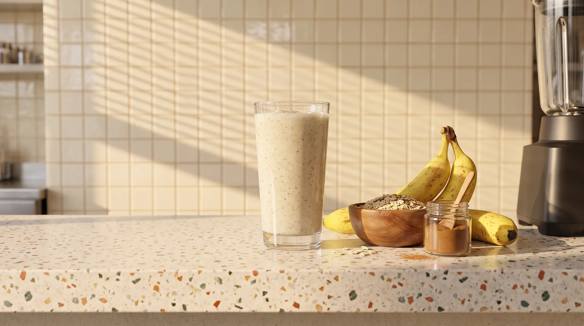 A tall glass of pale banana smoothie, bananas, a bowl of oats and a jar of cinnamon beside it