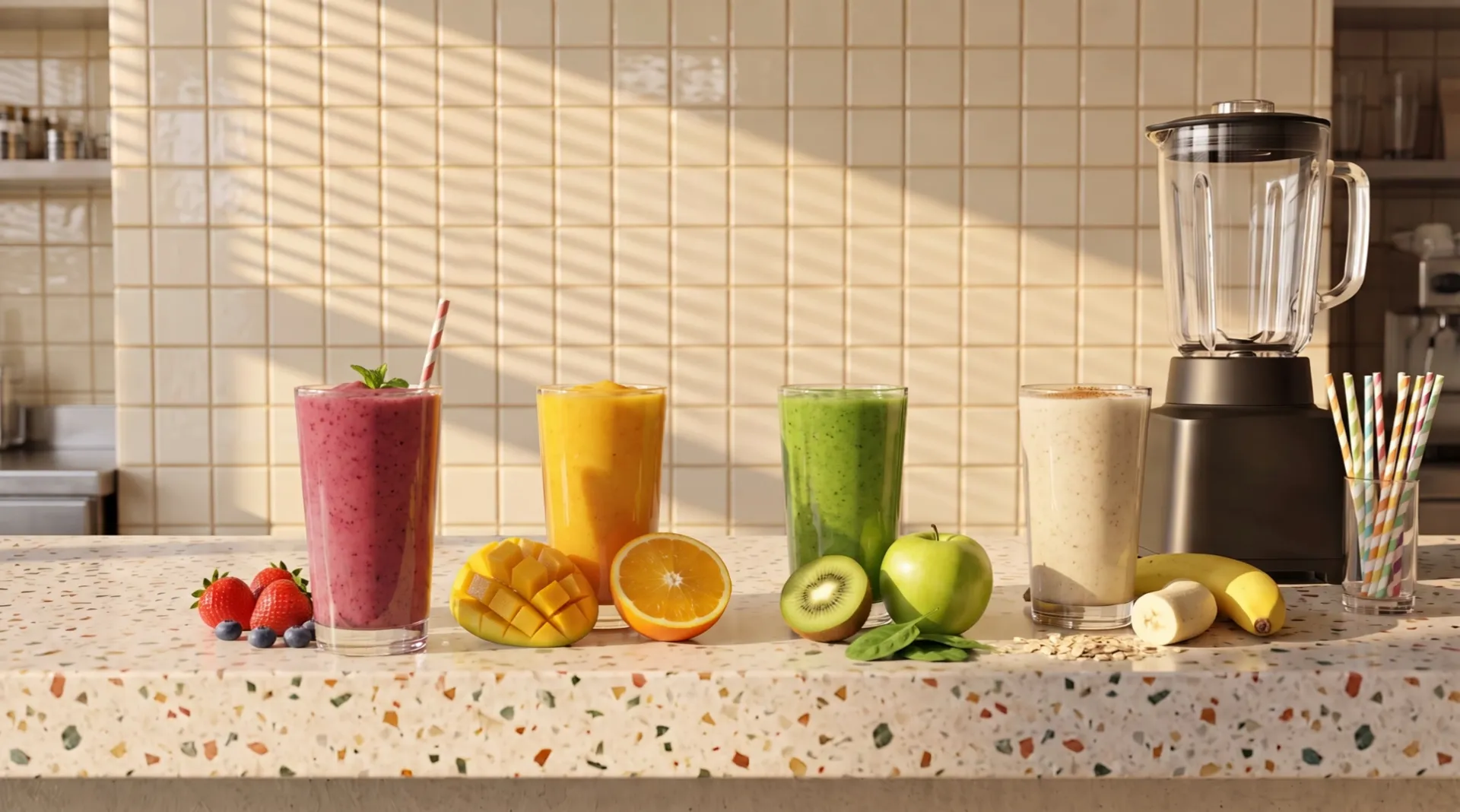 Four smoothies in a row on the counter — berry, mango, green and banana — each with its fruit beside it; the berry one, with a straw in it, stands in front