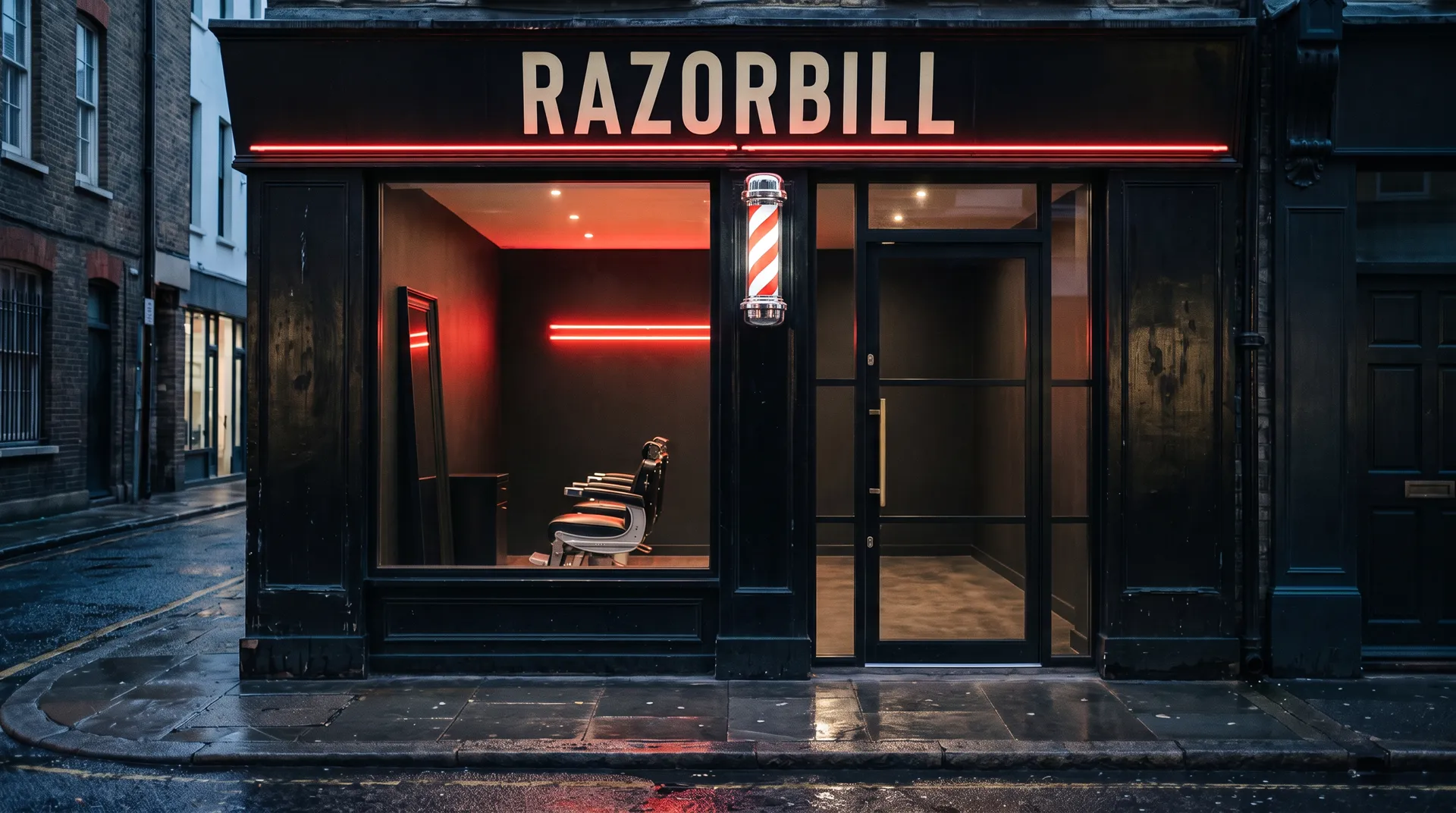 A black shopfront on a wet street at dusk: the name Razorbill over a red line of light, a striped barber pole by the glass door, one barber chair inside