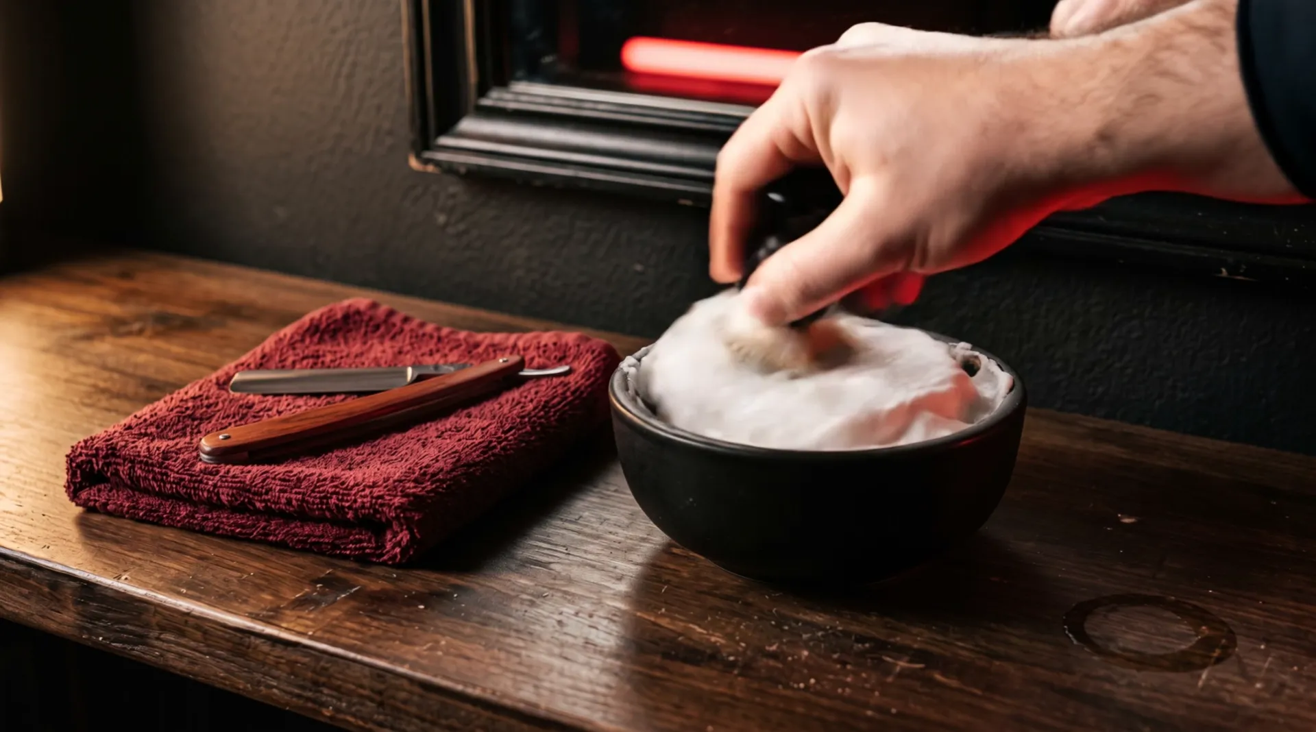 A hand whips a shaving brush in a black bowl of white lather; beside the bowl, a straight razor on a red towel