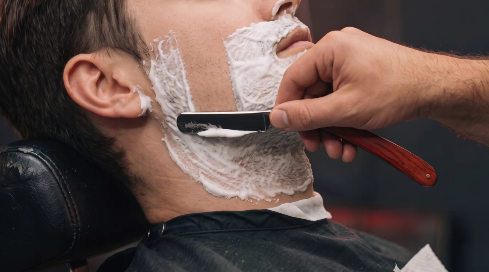 A straight razor, held flat, has gone down a lathered cheek and left a clean strip of skin behind it