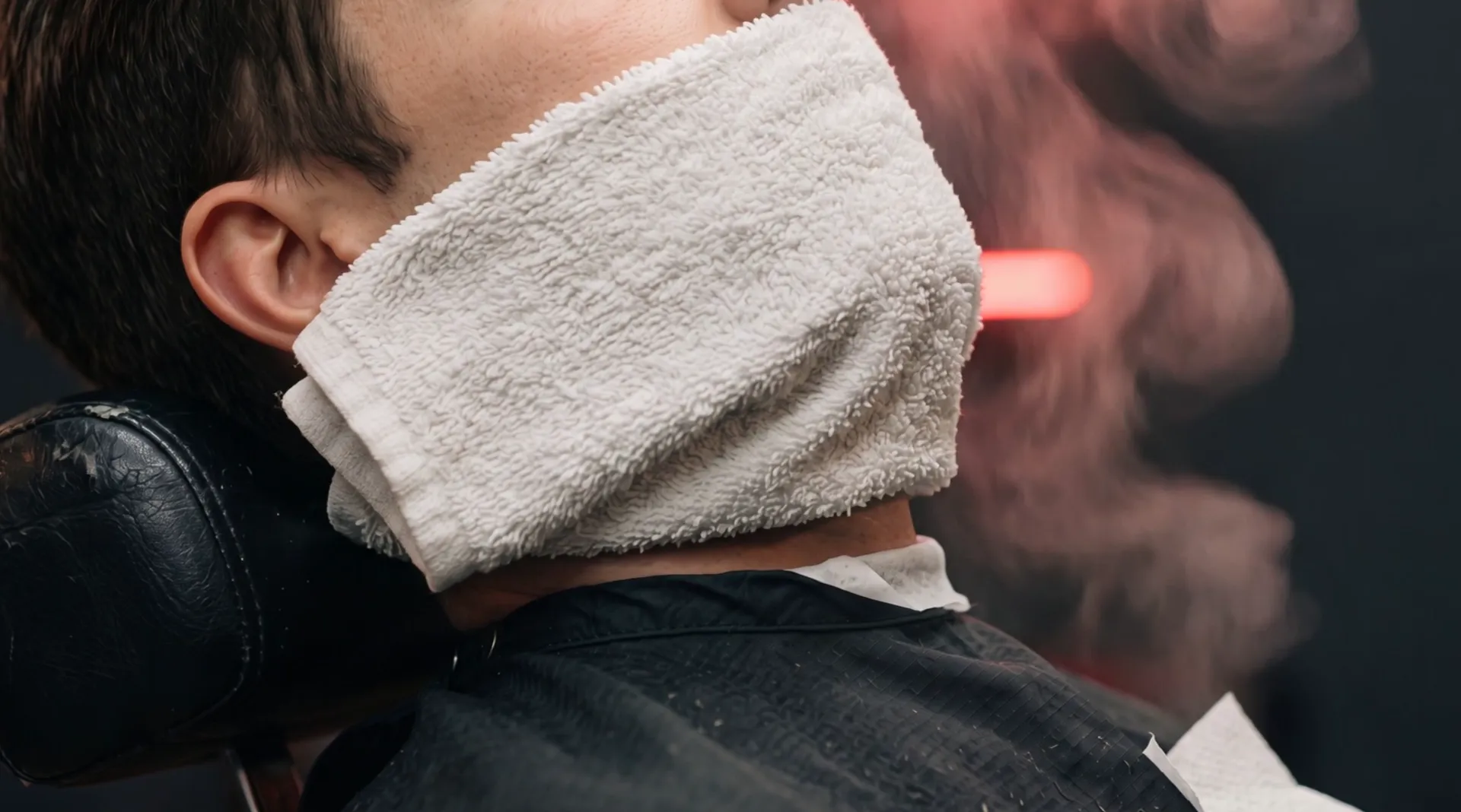 A hot white towel wrapped over the man's jaw; steam rises from it into the red light
