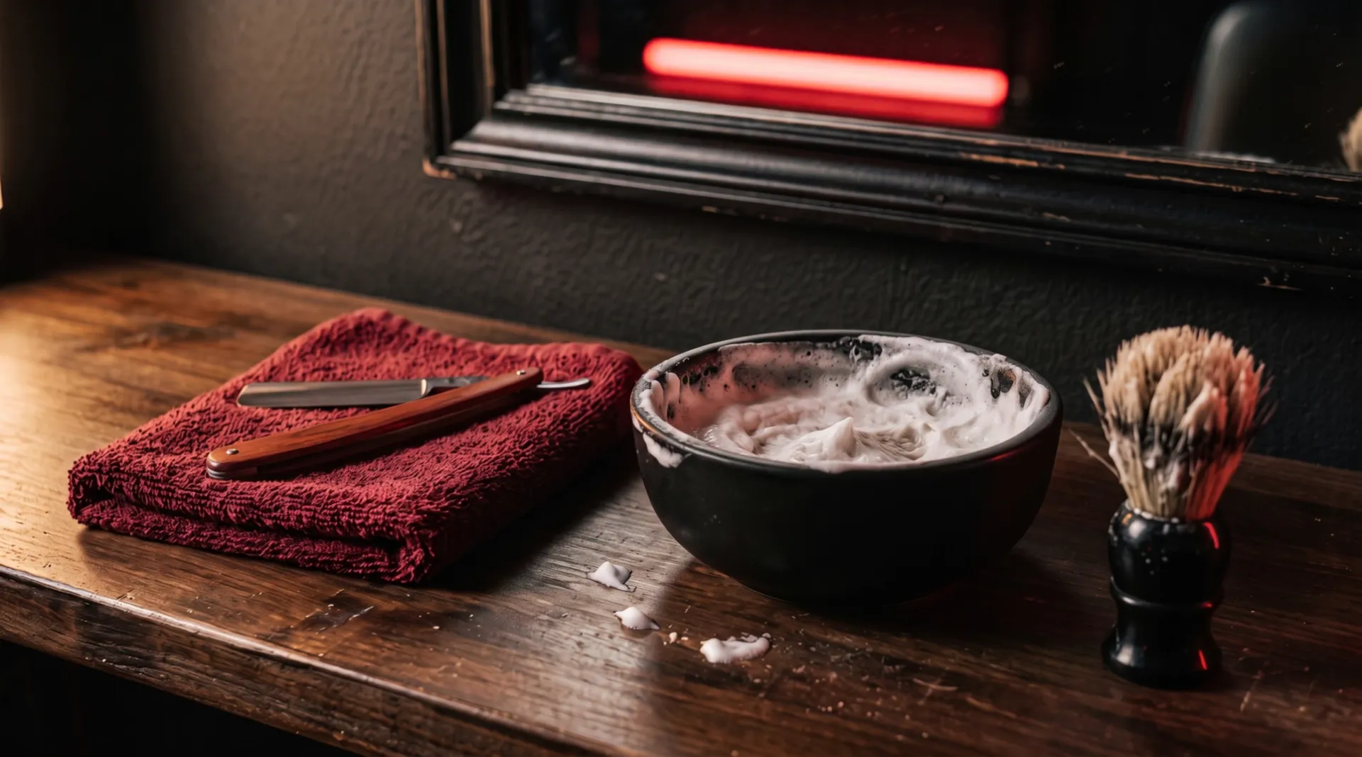 The counter after the shave: the razor back on its red towel, the bowl with what is left of the lather, the wet brush