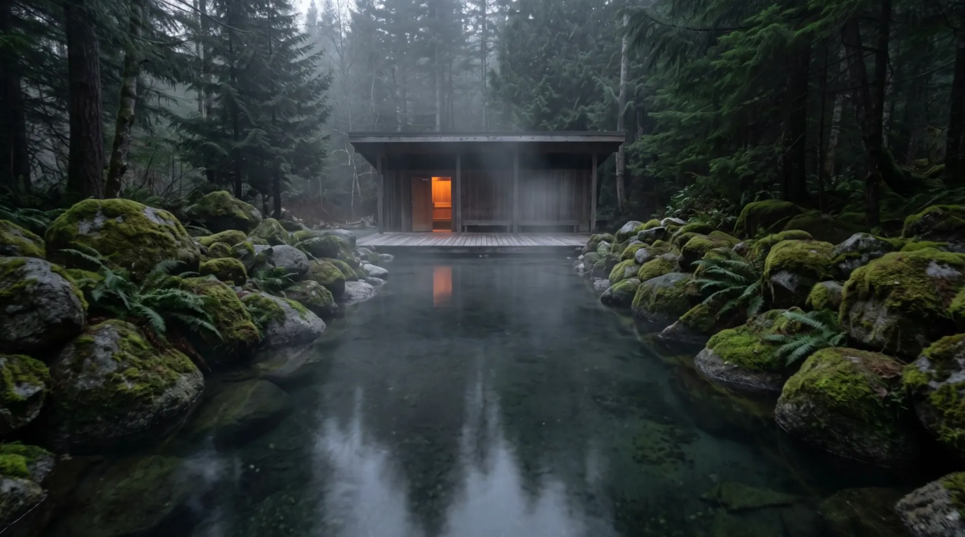 A hot spring in a forest at dawn: steam over dark water between mossy boulders, and at the far end a low cedar bathhouse with a lit doorway
