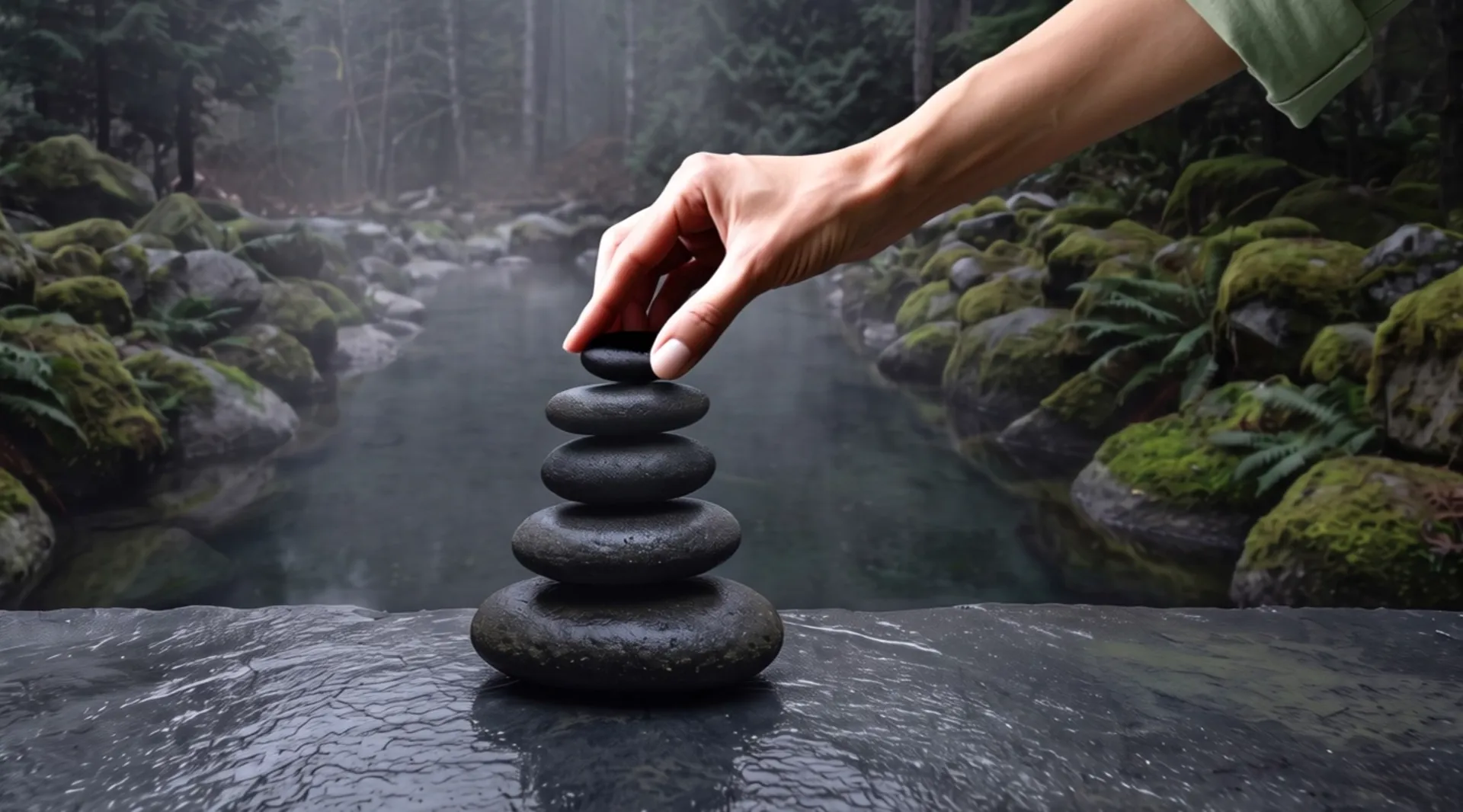 At the edge of the spring a hand sets the fifth smooth dark stone on top of a small tower of stones