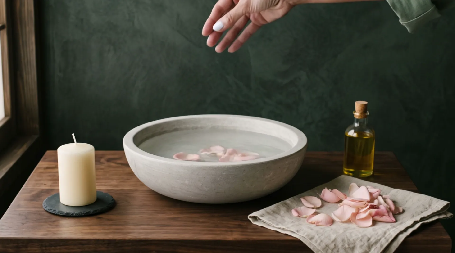 Rose petals fall from a hand into a wide stone bowl of water on a walnut table; an unlit candle stands beside it