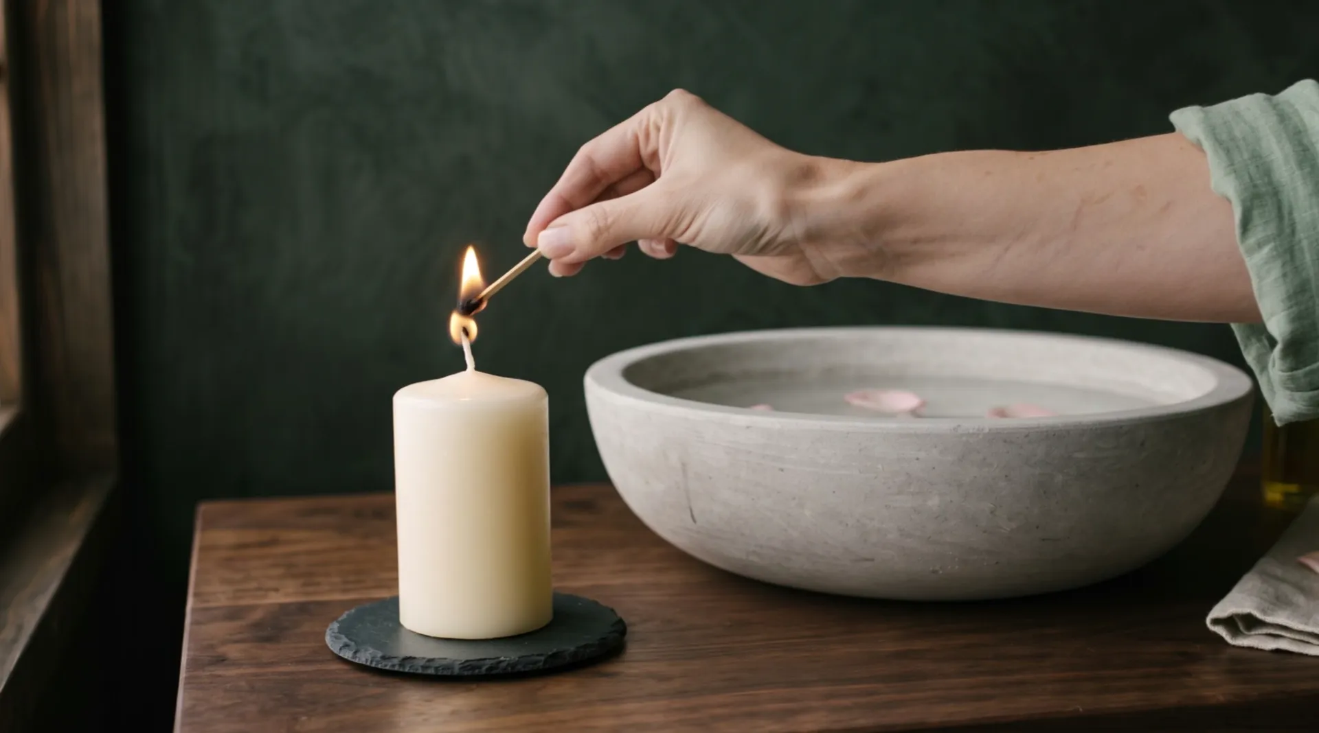 The flame of a match touches the wick of an ivory candle and the wick takes; the stone bowl with floating petals stands behind