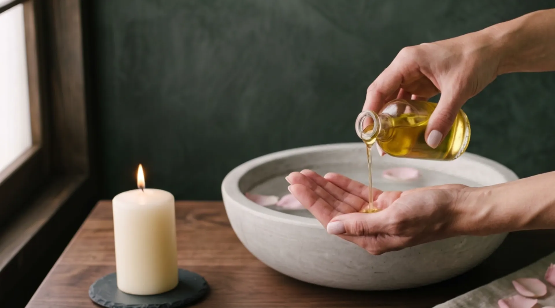 By candlelight a thin stream of golden oil runs from a small glass bottle into an open palm held over the stone bowl