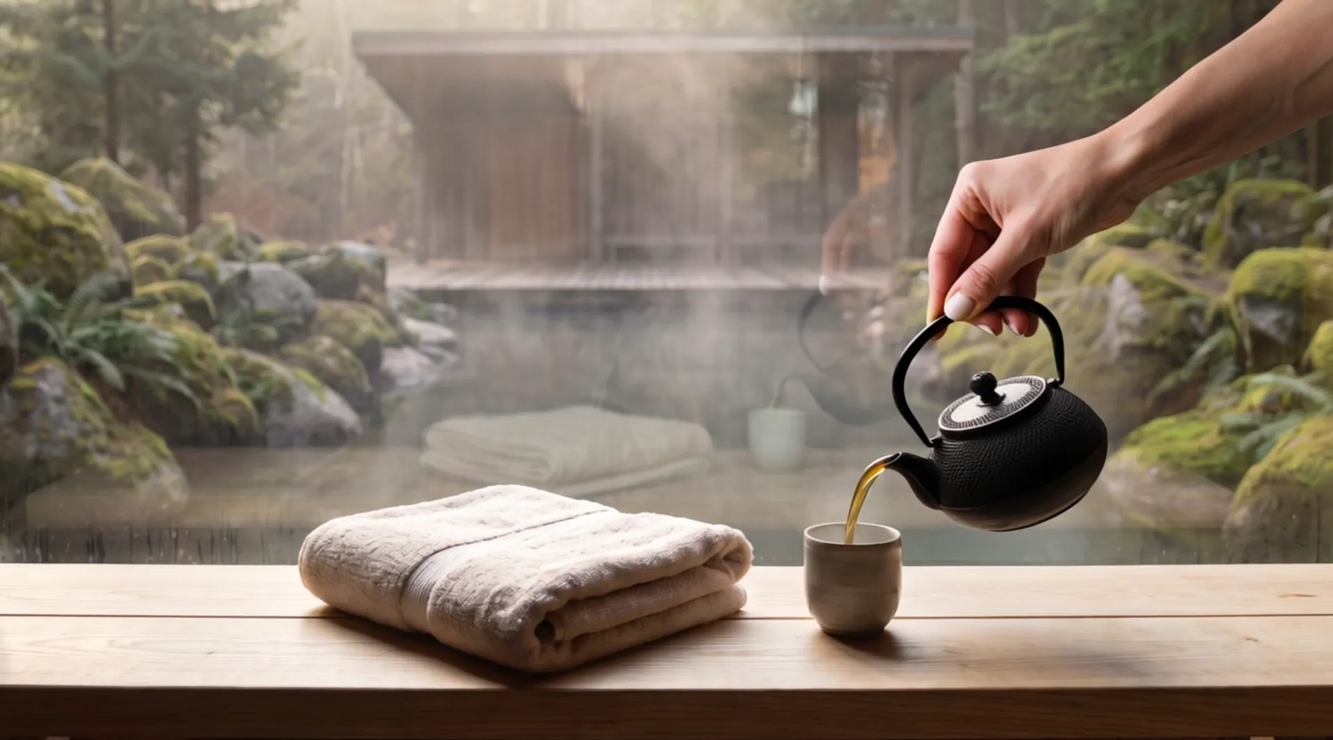 By a window on the misty spring a hand pours tea from a small iron teapot into a cup that stands beside a folded towel on a wooden bench