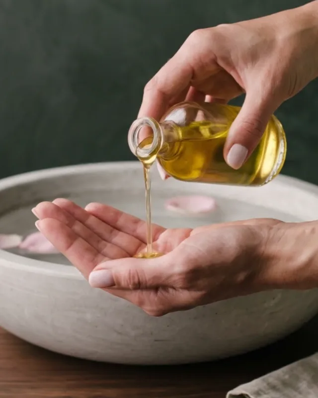 Golden oil running from a small bottle into an open palm