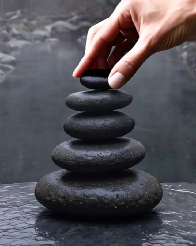 A tower of five smooth dark stones at the edge of the water