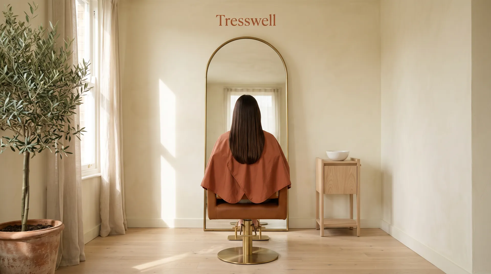 A small sunlit hair salon: a woman with long dark hair, seen from behind, sits in a leather chair before a tall arched mirror; the name Tresswell is painted on the wall above it
