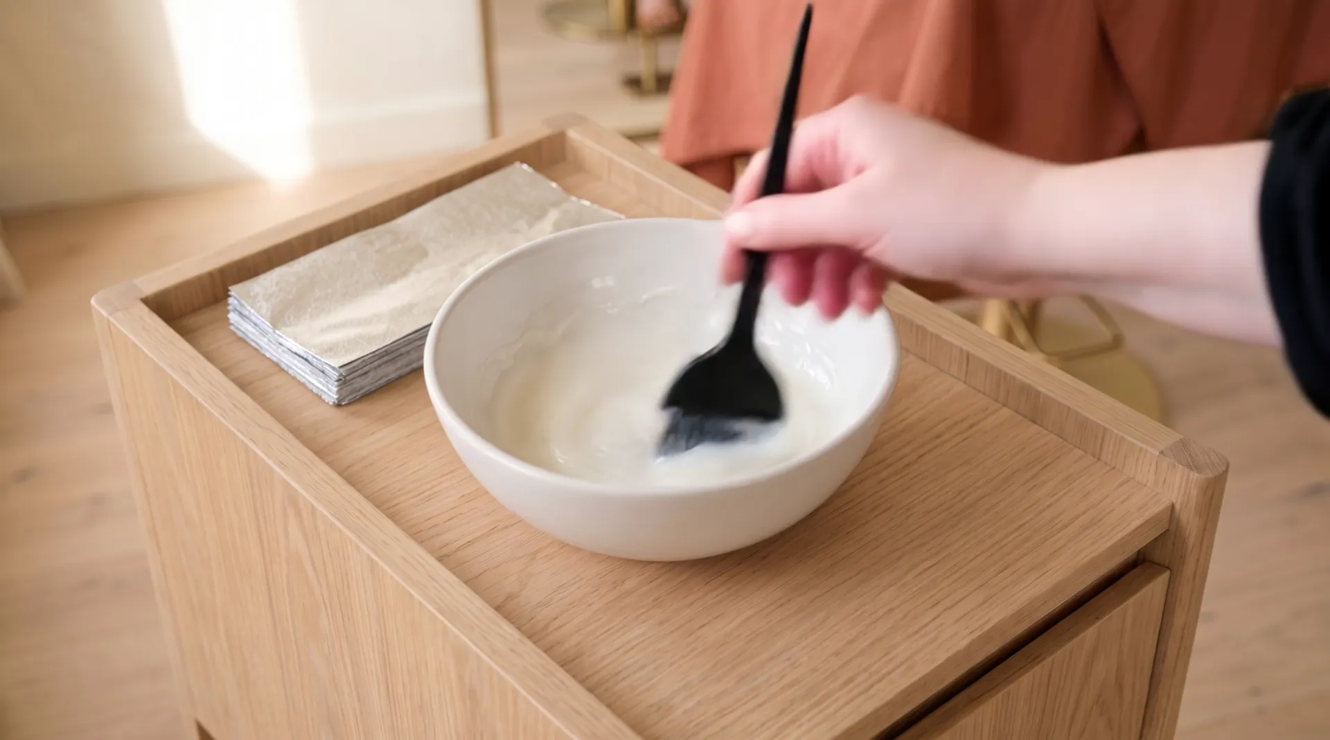 A hand stirs pale lightening cream in a white bowl with a black tint brush, on an oak trolley beside the chair