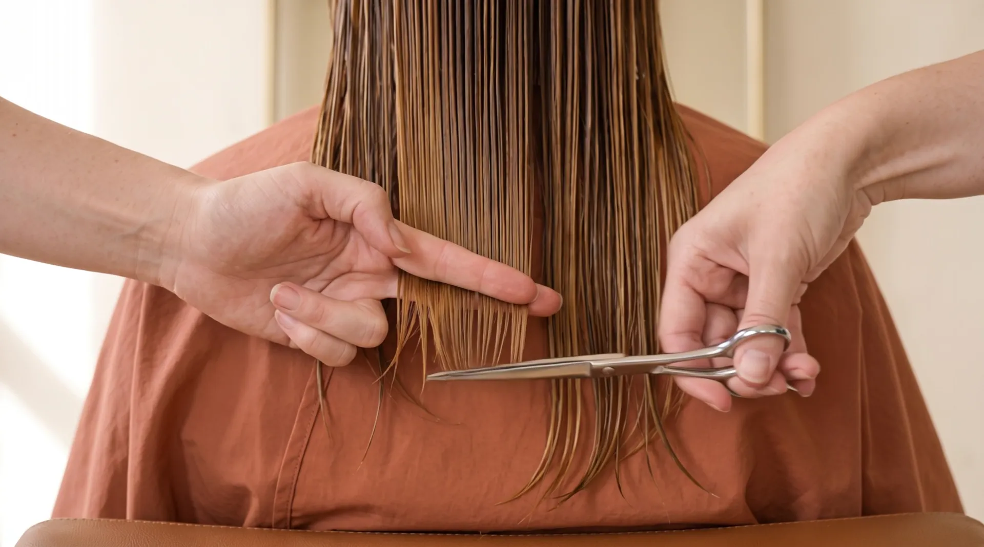 Close on wet hair against the cape: two fingers hold a section level and steel scissors take off its tips