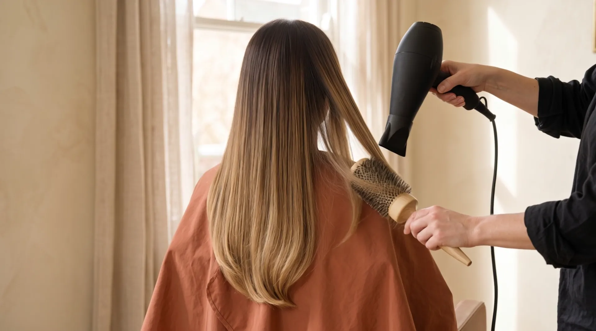 At the window: a round brush and a black dryer draw one section of honey-gold hair down to its ends