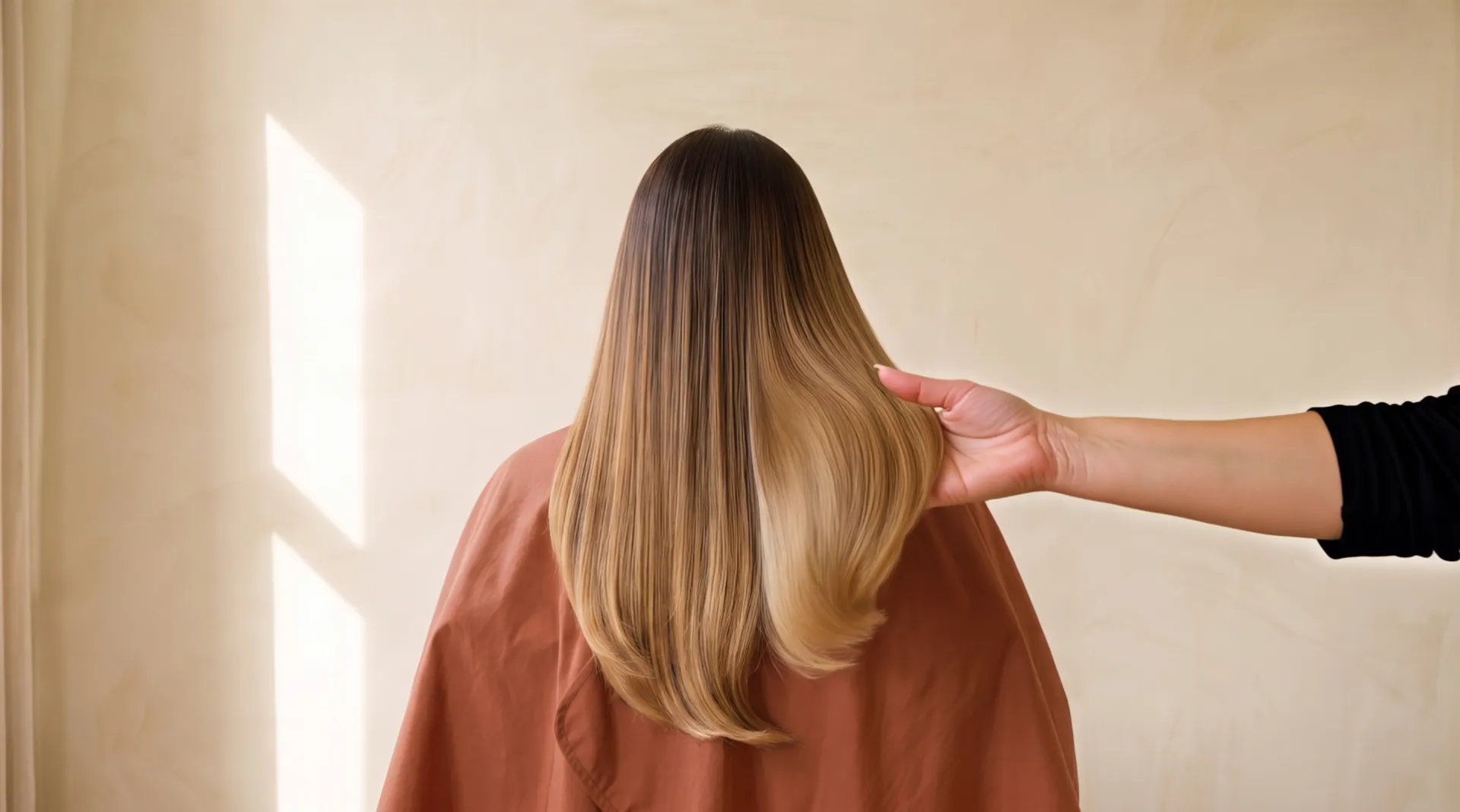 Seen from behind against a sunlit wall: a hand lifts the lengths of her hair, dark at the roots and honey at the ends
