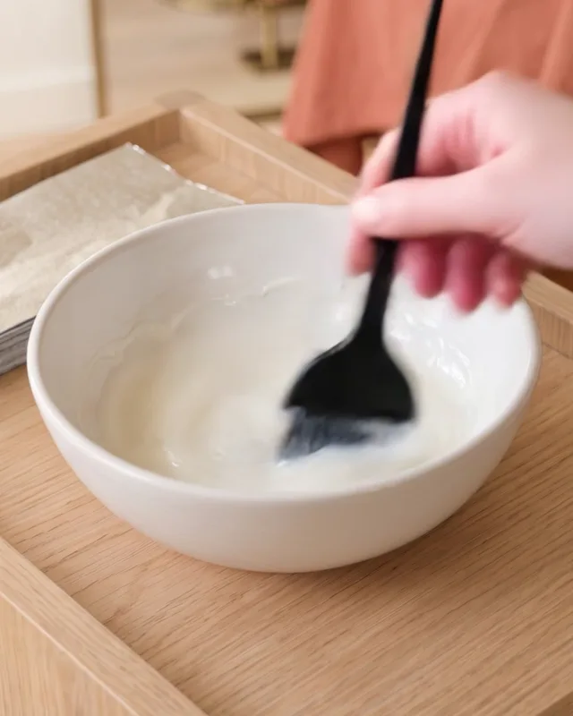 A black tint brush stirs pale cream in a white bowl
