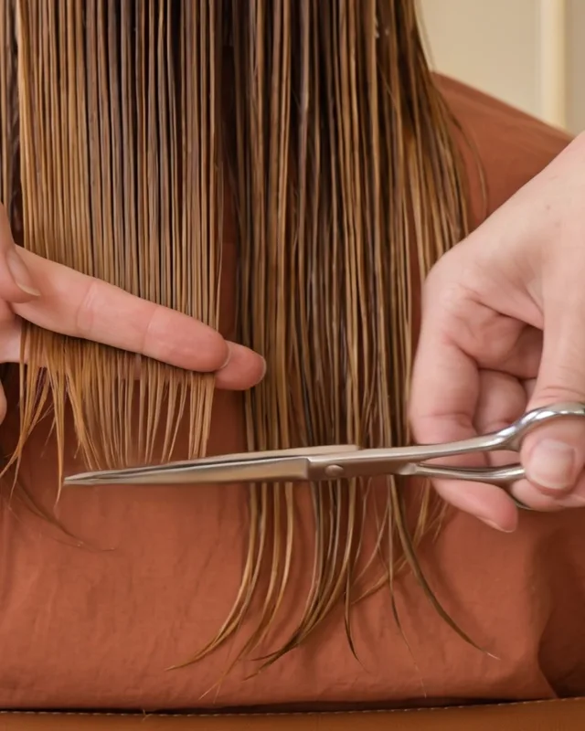 Steel scissors at the tips of a section of wet hair