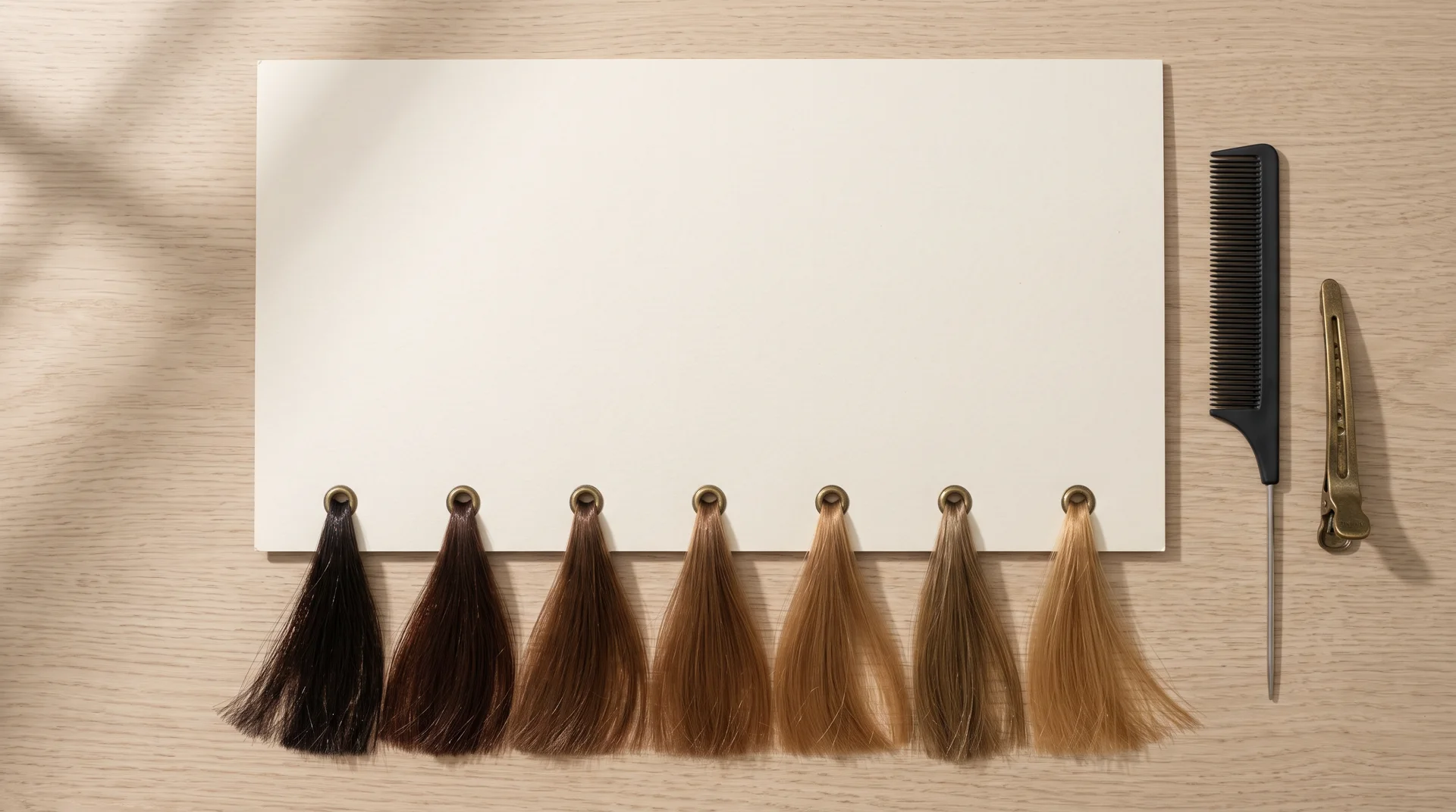 A hairdresser's shade chart on an oak counter: a cream card with seven swatches of hair along its edge, from almost black to honey blonde; a tail comb and a brass clip beside it