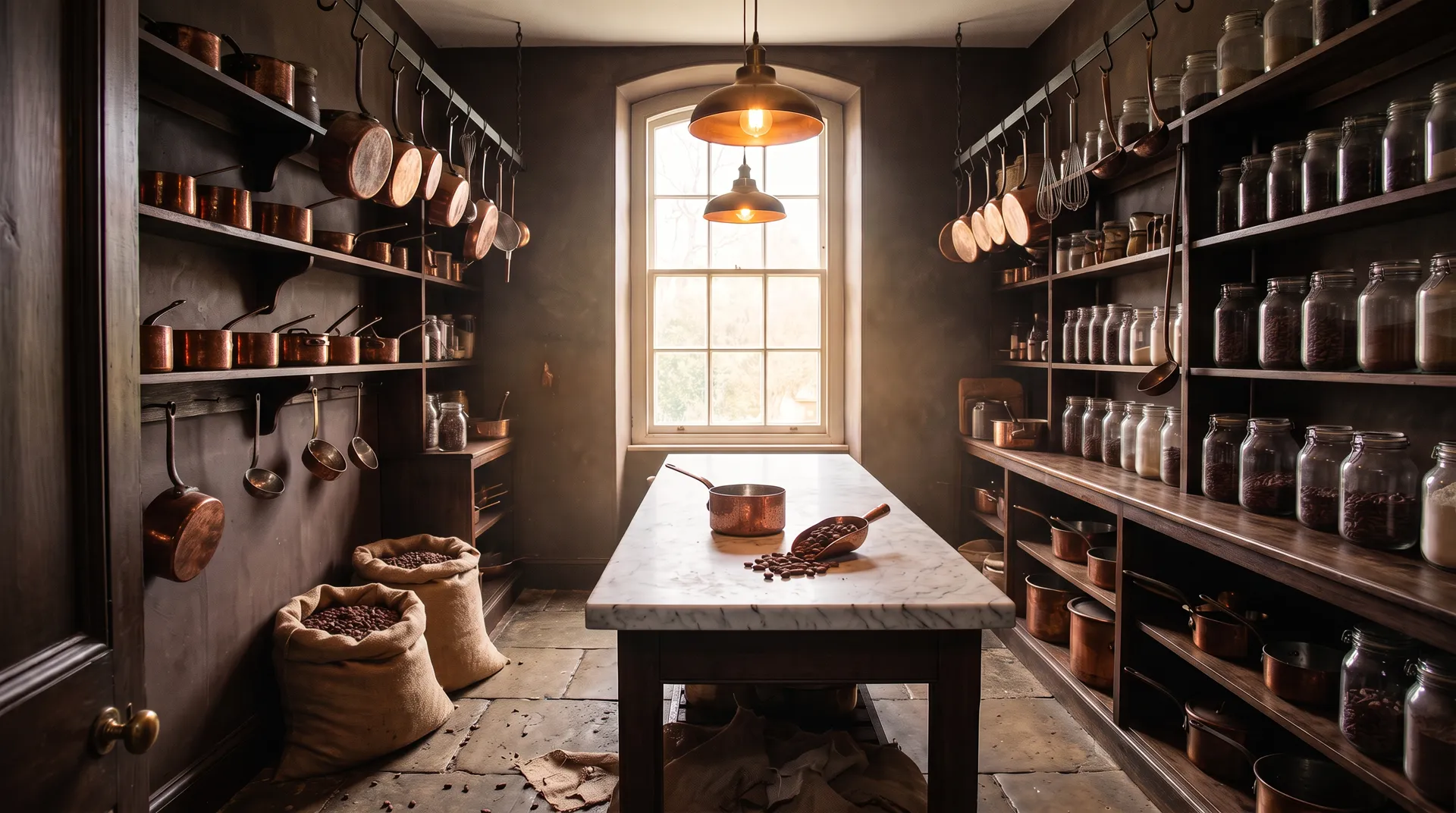A small chocolate workshop in the morning: shelves of copper pots and jars of cacao, sacks of beans on the stone floor, a marble table under a tall window