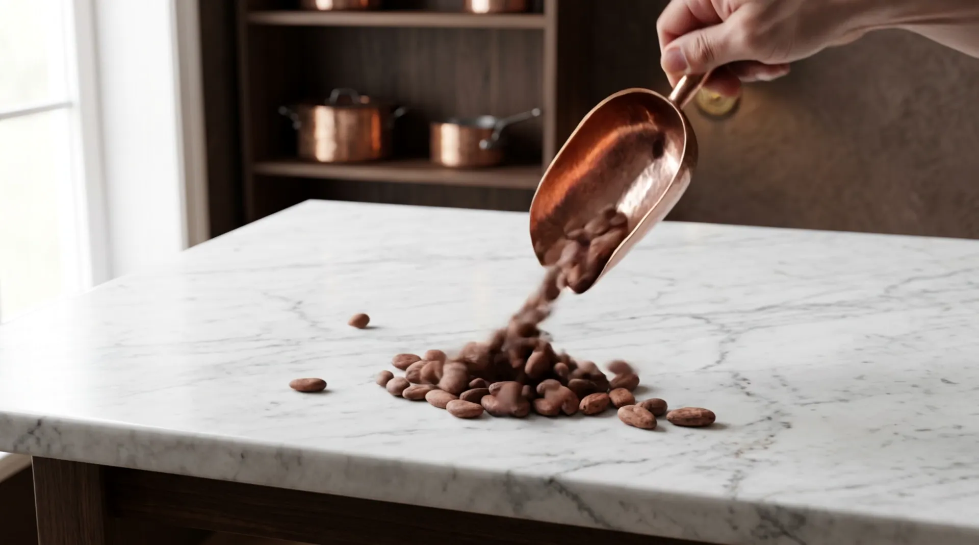 A hand tips roasted cacao beans out of a copper scoop onto the white marble