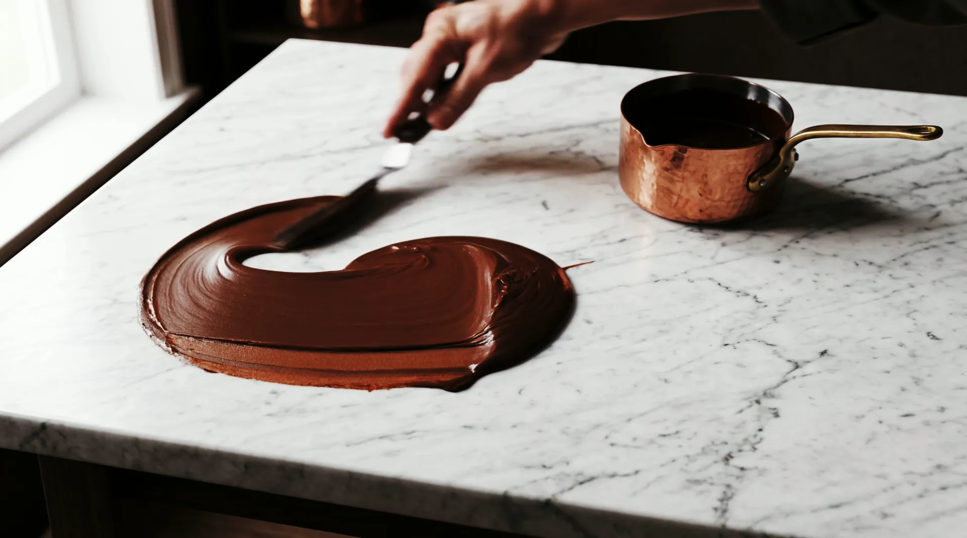A palette knife draws melted dark chocolate across the marble in wide waves; a copper saucepan stands beside it