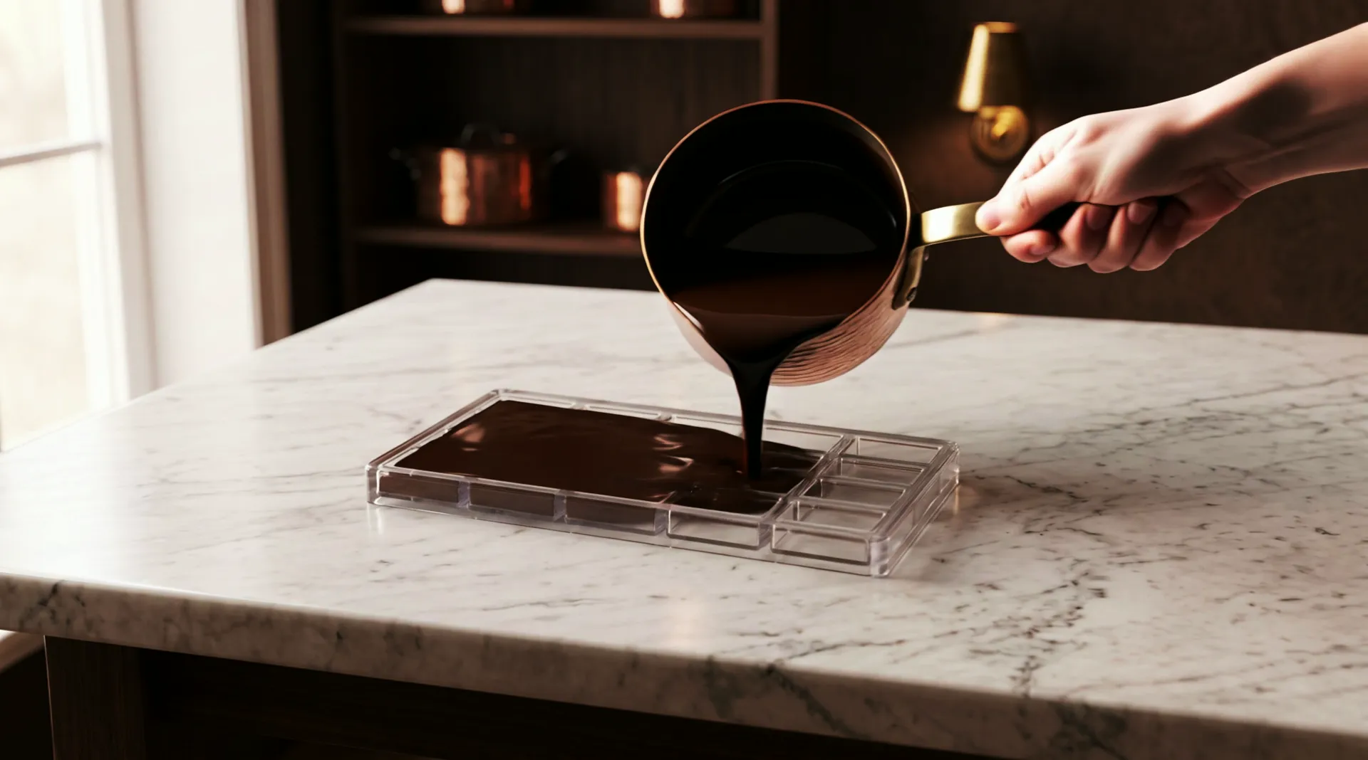 A hand pours dark chocolate from the copper saucepan into a clear mould on the marble