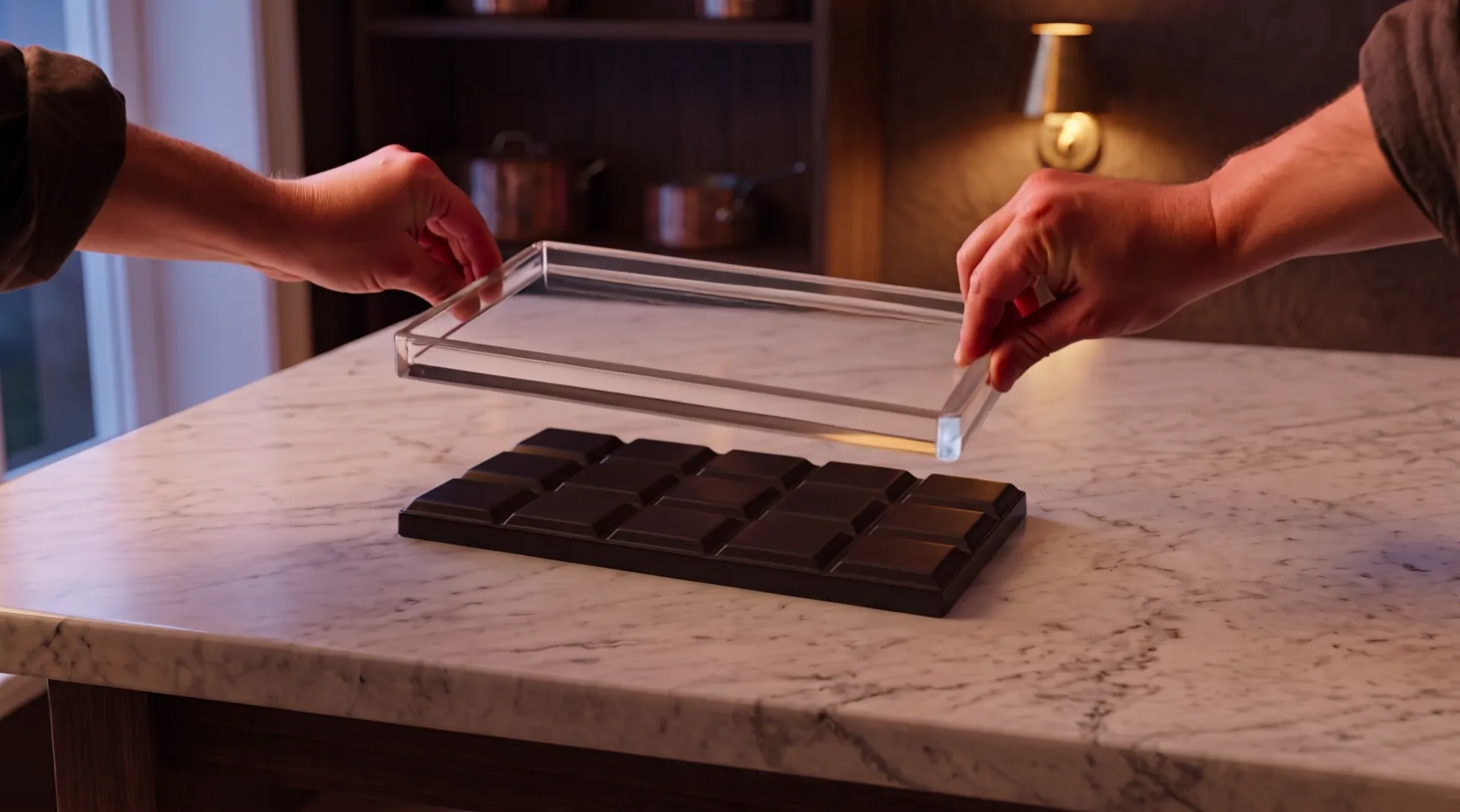 Evening, the lamp lit: two hands lift the clear mould off a bar of dark chocolate, fifteen squares