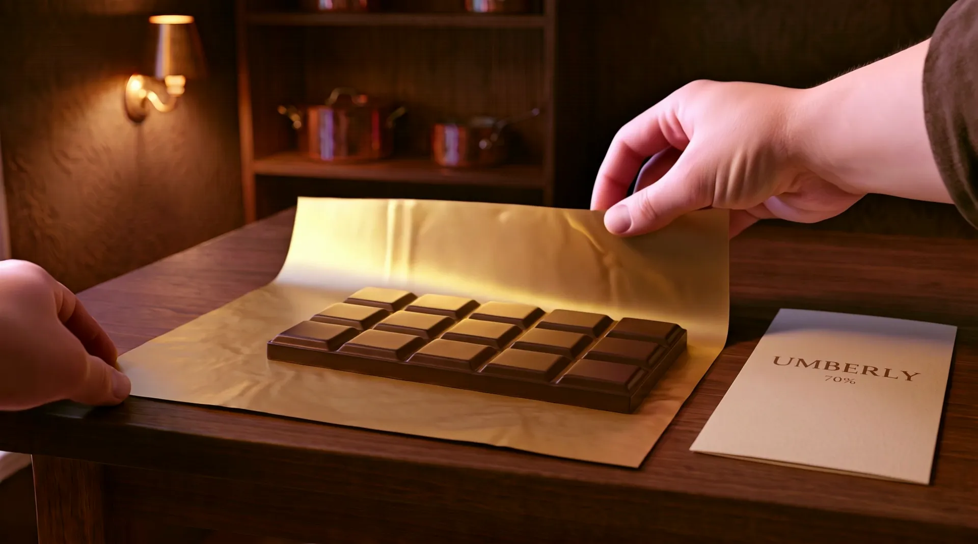 Two hands fold a sheet of gold foil over the bar of chocolate on a walnut bench; a paper band printed Umberly, 70% lies beside it