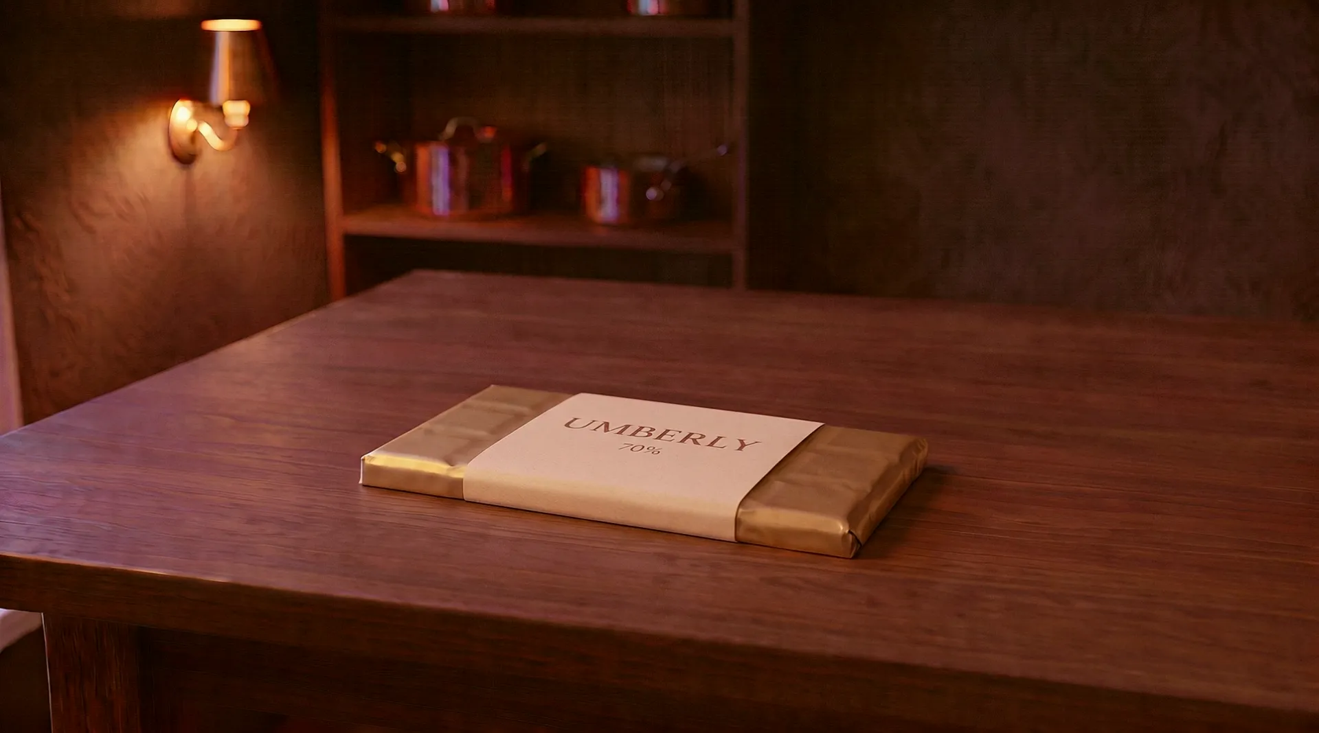 The bar wrapped in gold foil with a paper band round its middle, printed Umberly, 70%