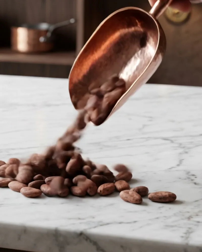 Roasted cacao beans pour out of a copper scoop onto the marble