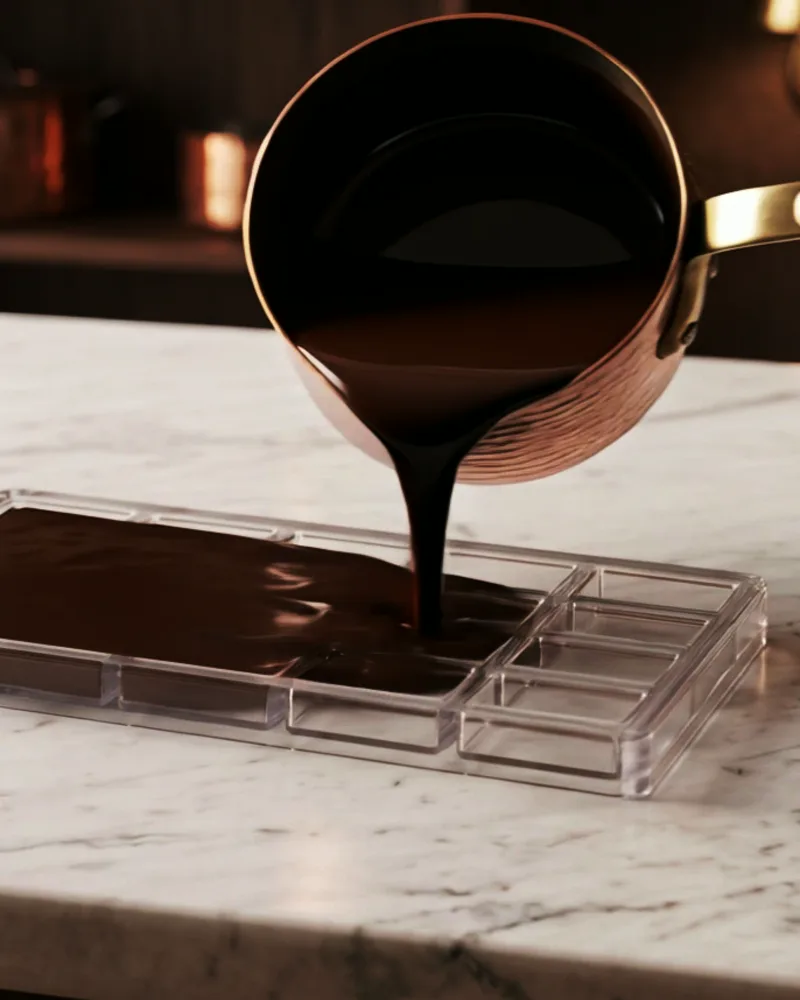 Dark chocolate runs from a copper saucepan into a clear mould