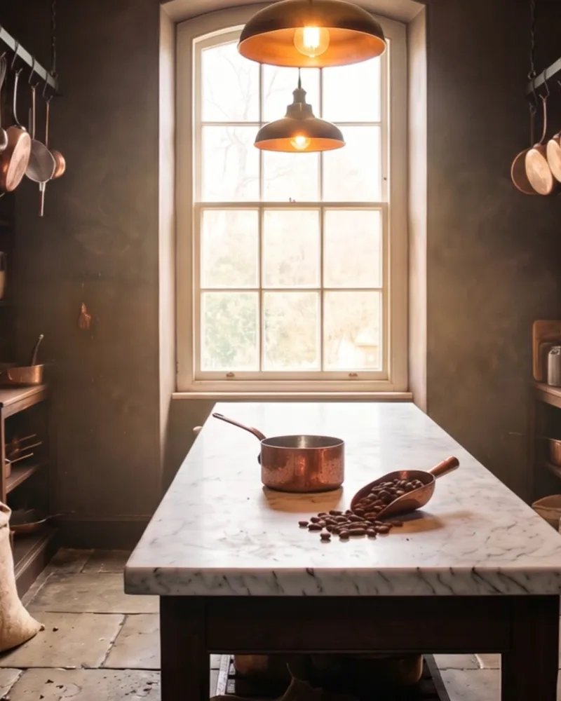 The workshop: a marble table under a tall window, copper pots on the shelves