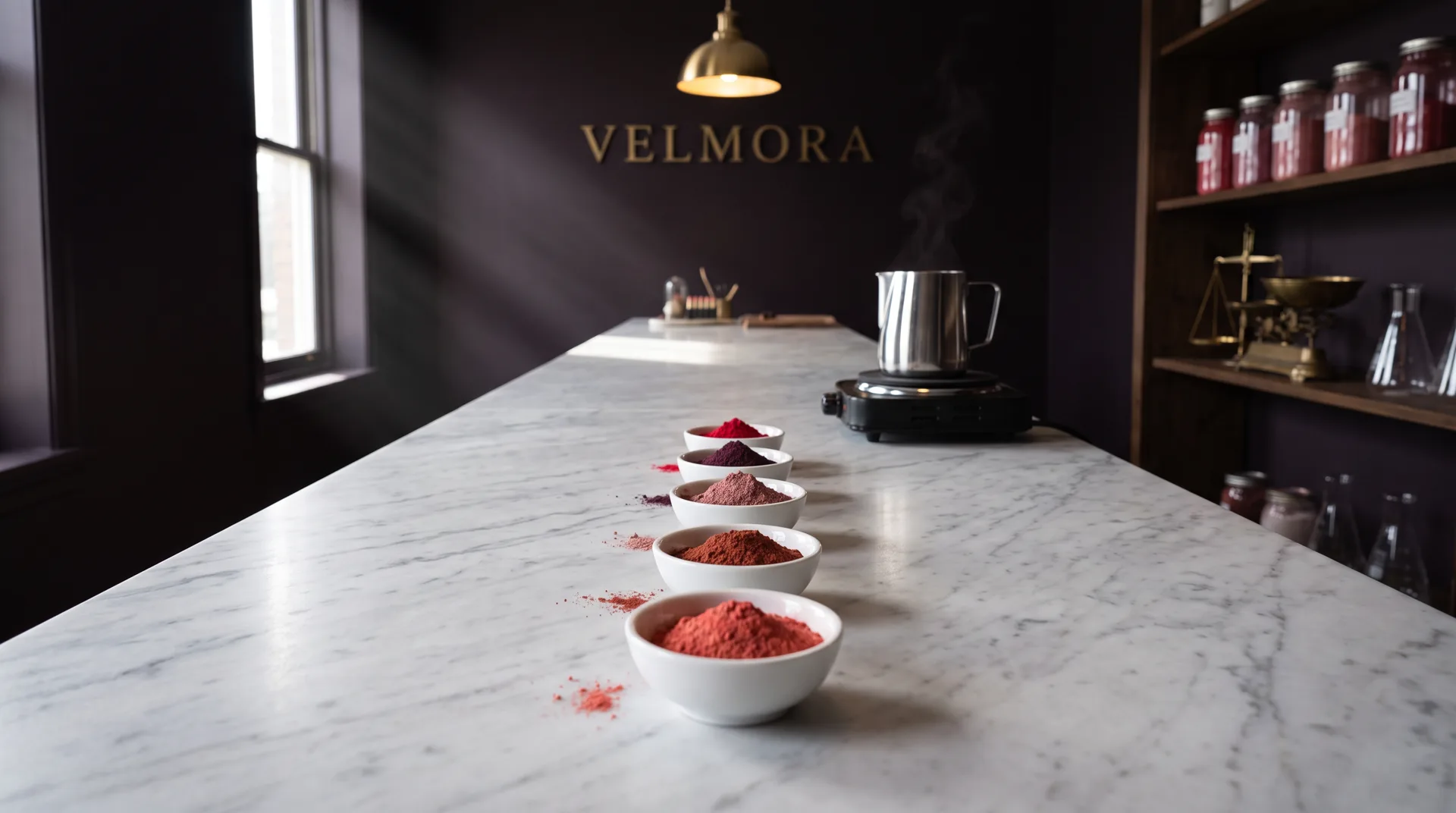 A dark atelier with a long marble worktop: five porcelain bowls of red pigment in a row, a steel pitcher steaming on a hot plate, the name Velmora in brass letters on the wall