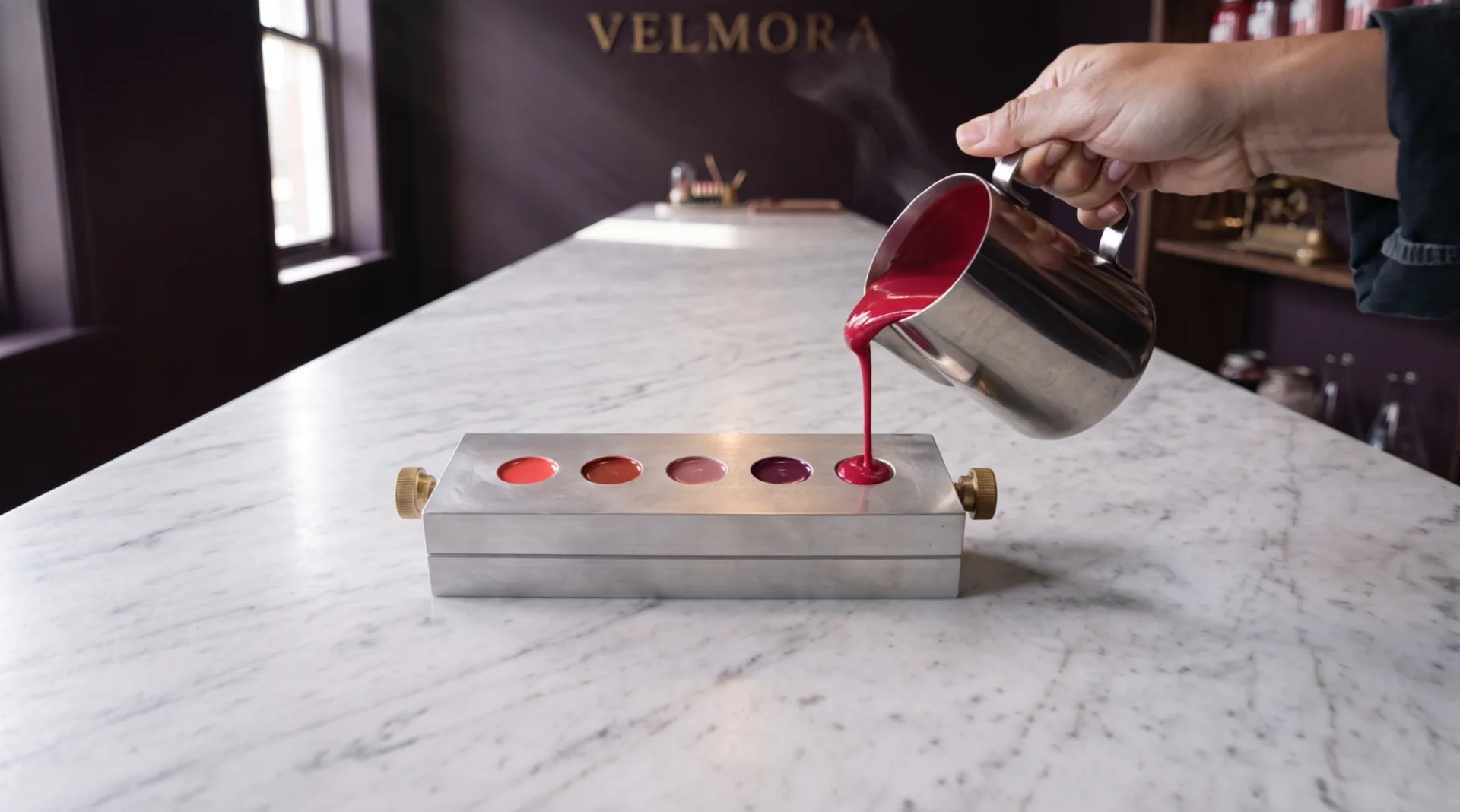 A hand tilts the steel pitcher over an aluminium mould: a thin stream of cherry red fills the fifth well, beside four wells already filled with other reds