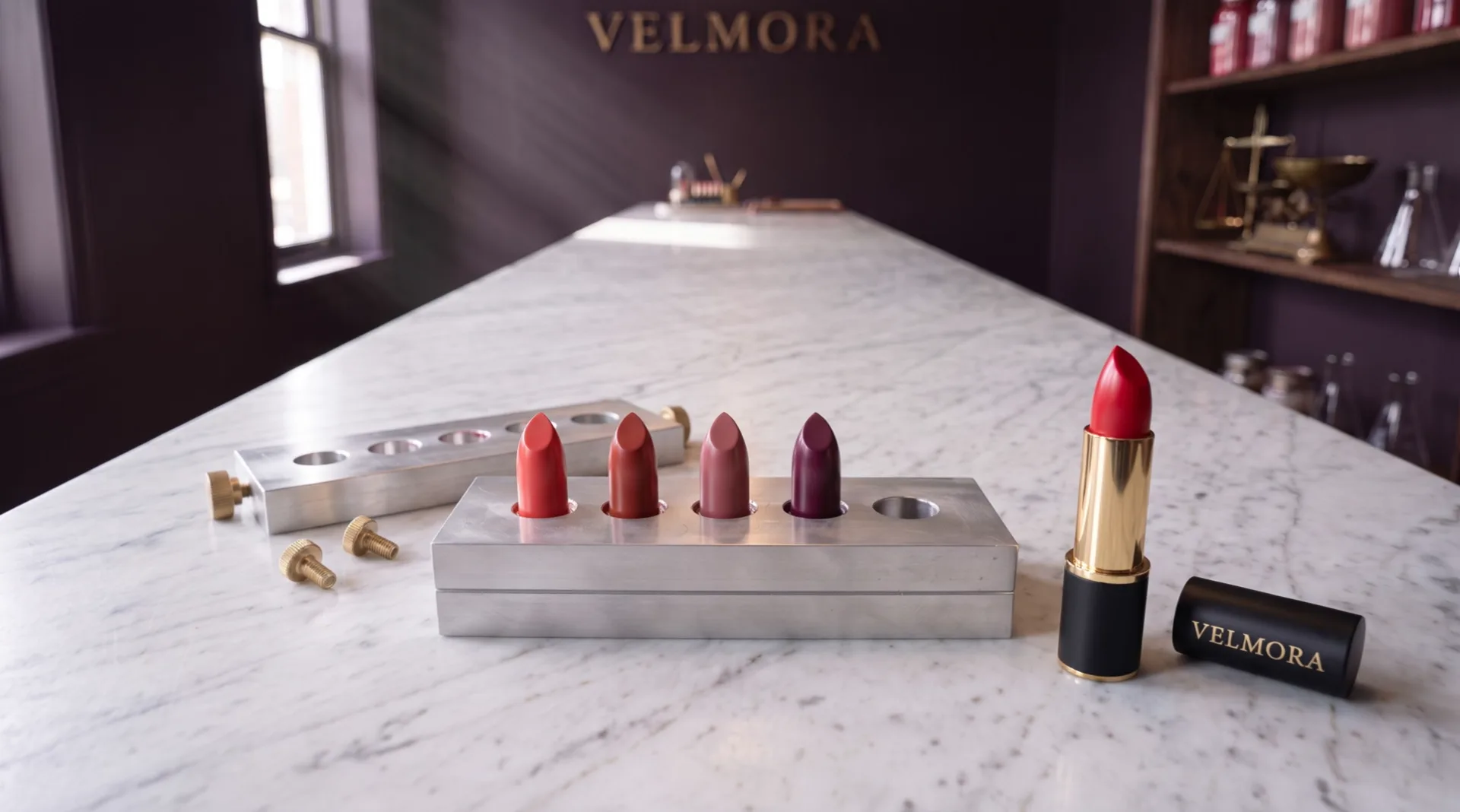 The mould is open, four lipstick bullets still stand in it; the fifth, cherry red, now stands in its gold tube beside a black cap with the name Velmora