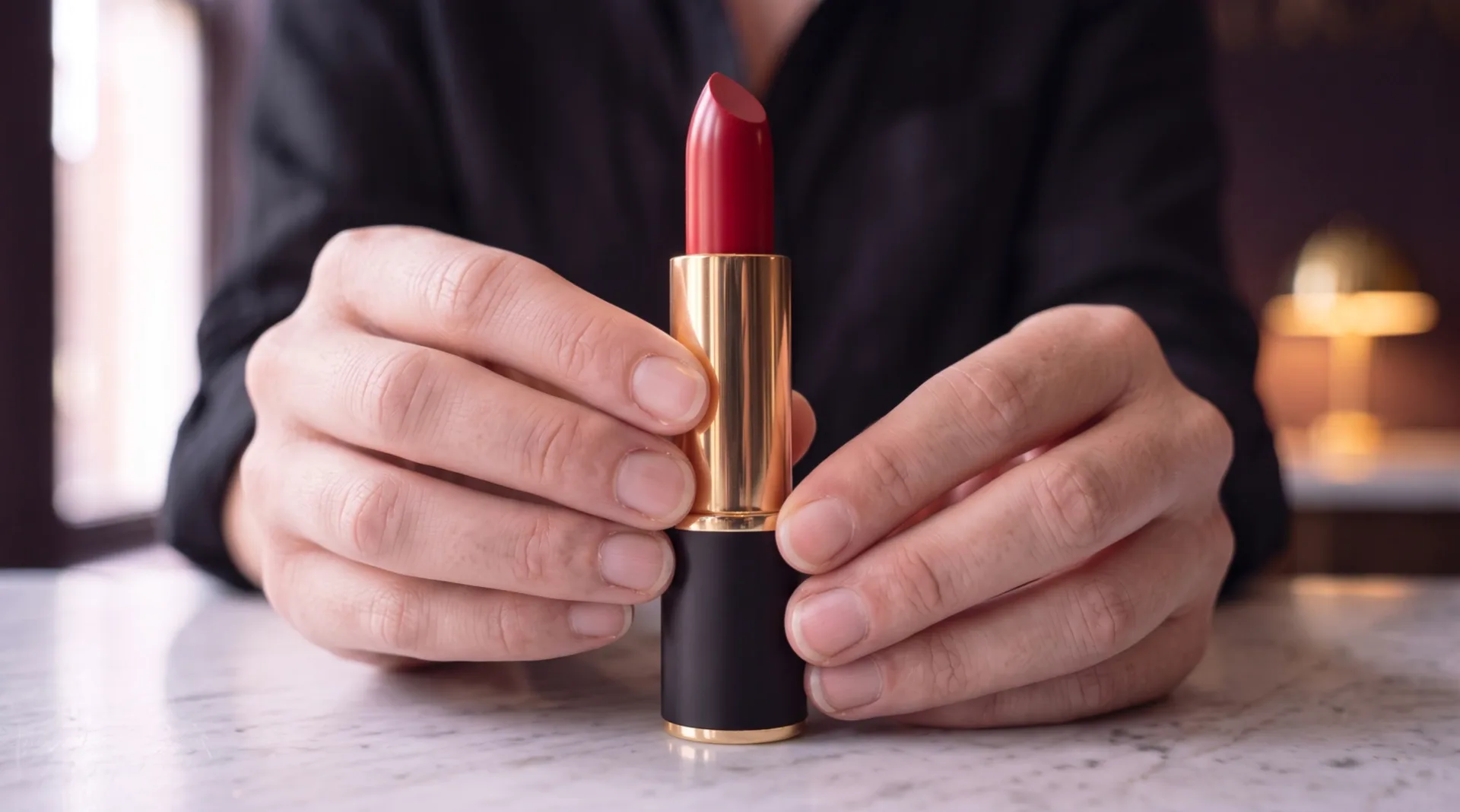 Two hands hold a lipstick upright: the cherry-red bullet is twisted all the way up out of its gold tube, with a soft sheen