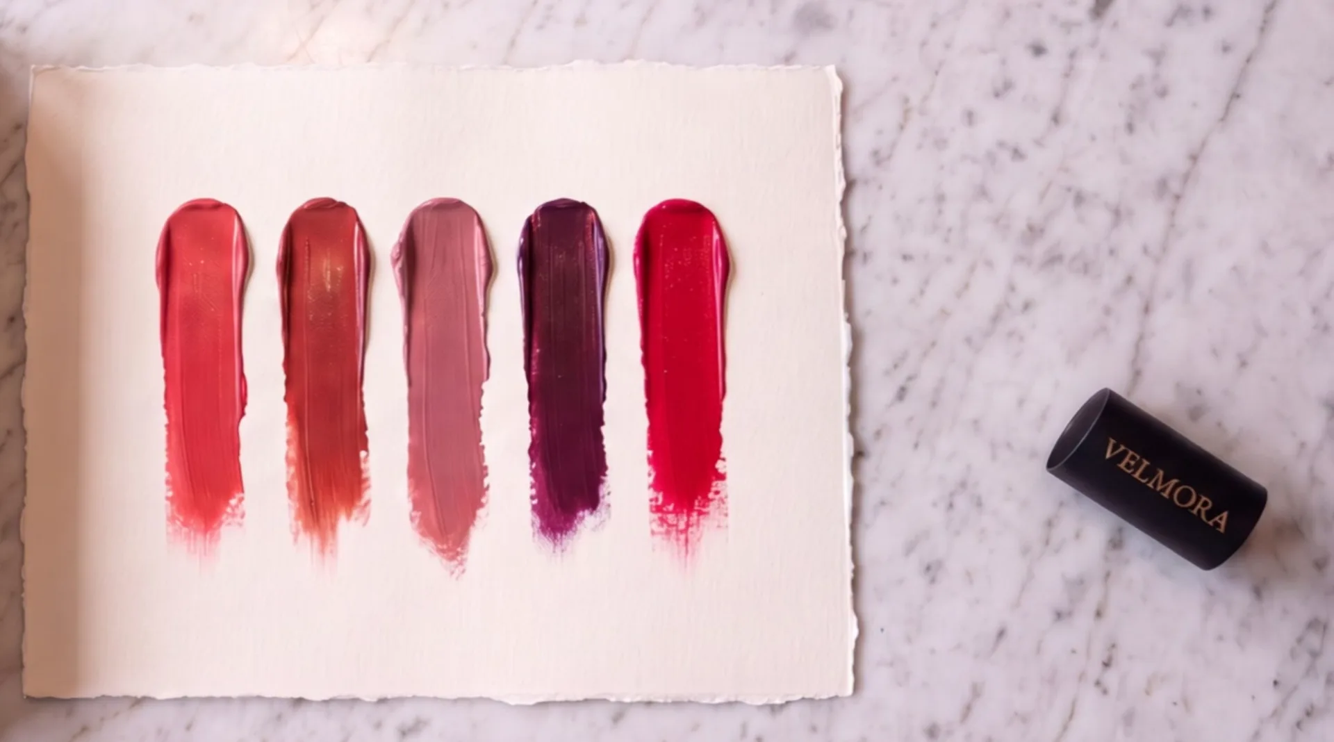 A sheet of cream paper with five lipstick strokes side by side: coral, brick, rosewood, plum and cherry