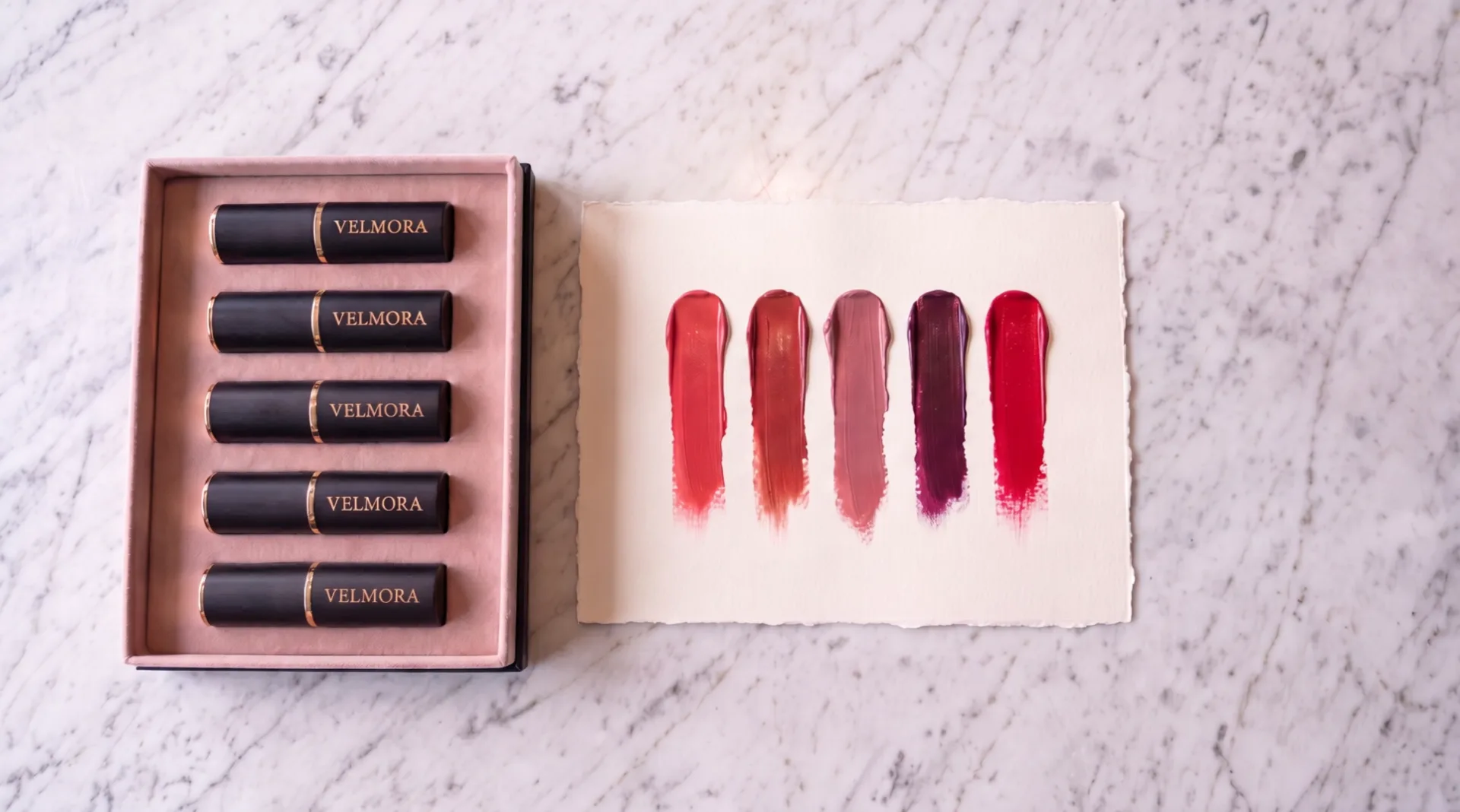 An open box lined with blush velvet holds five closed black lipsticks, each with the name Velmora; beside it the paper with its five strokes