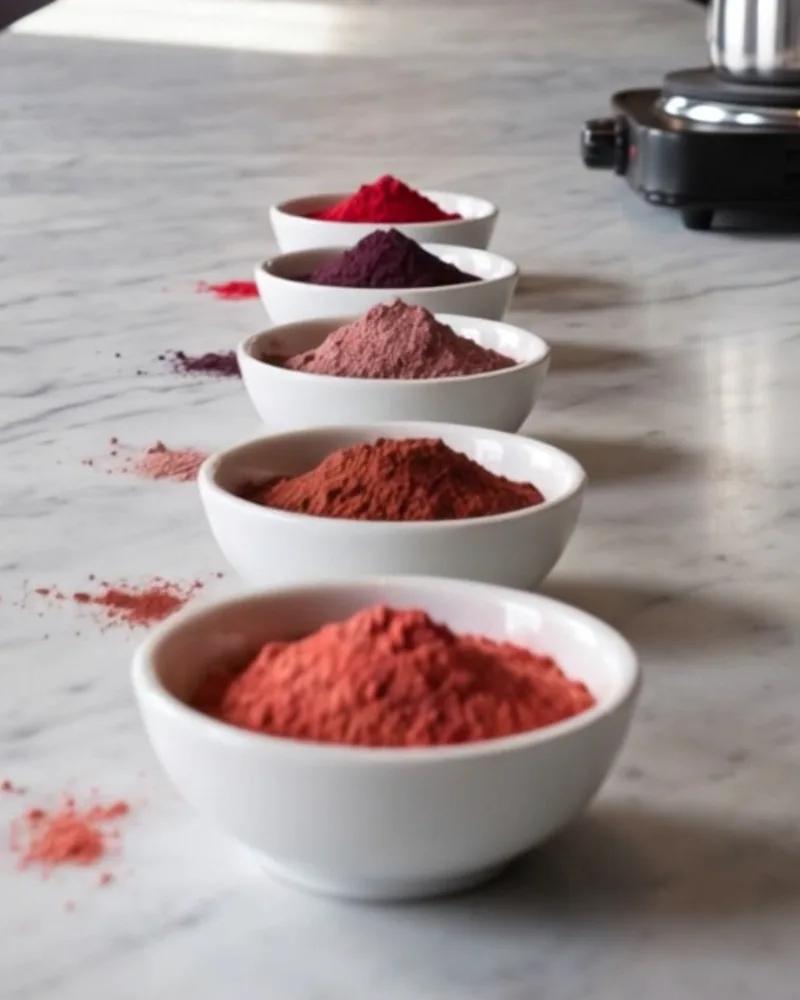 Five porcelain bowls of red pigment in a row on the marble, from coral at the front to cherry at the back