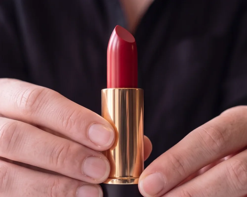 Two hands hold the lipstick upright, its cherry-red bullet twisted up