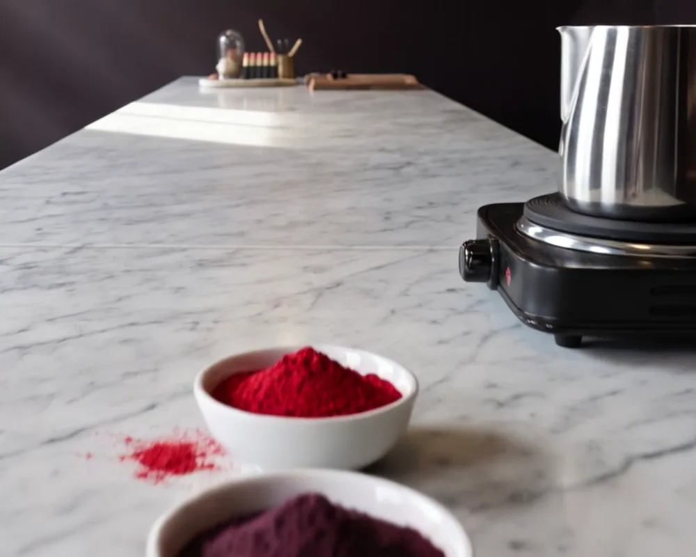 Two bowls of red pigment on the marble, the steel pitcher on its hot plate behind them
