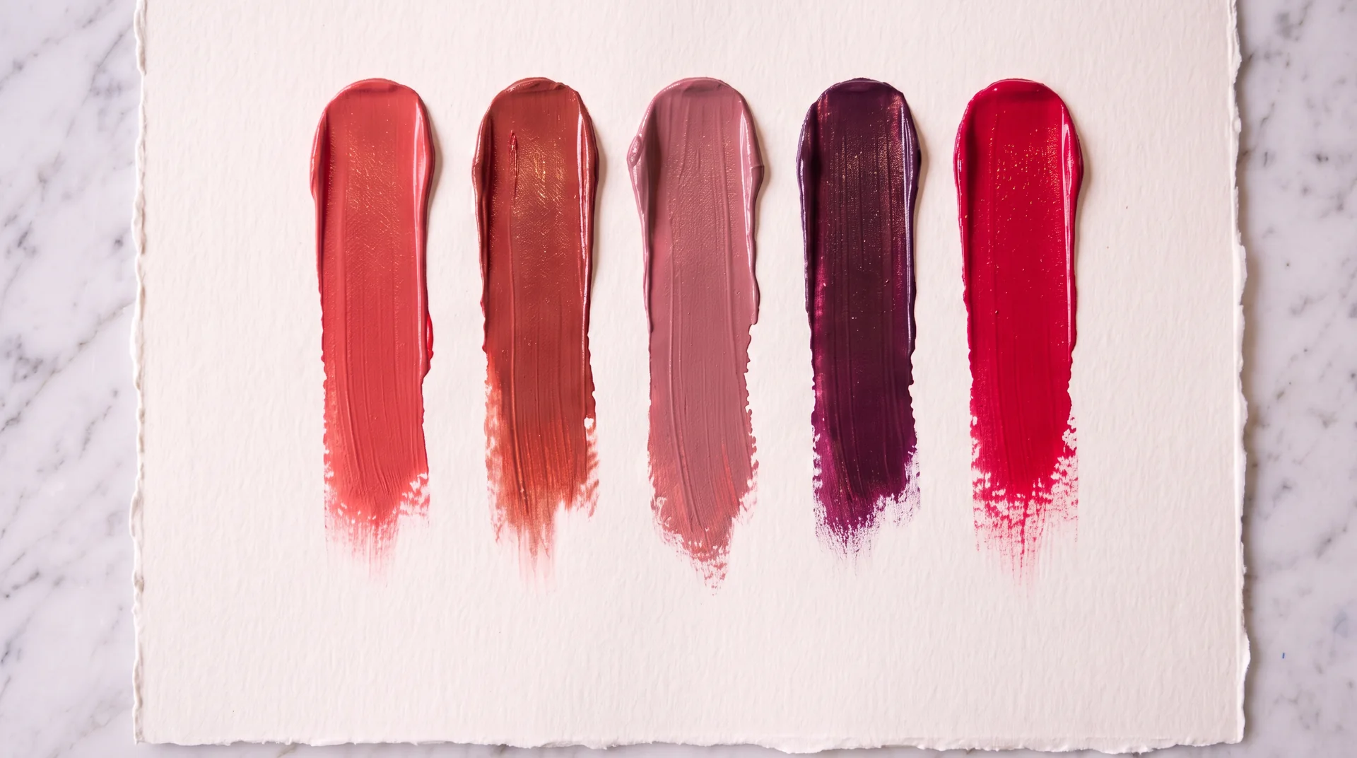 A sheet of cream cotton paper with five bold lipstick strokes
