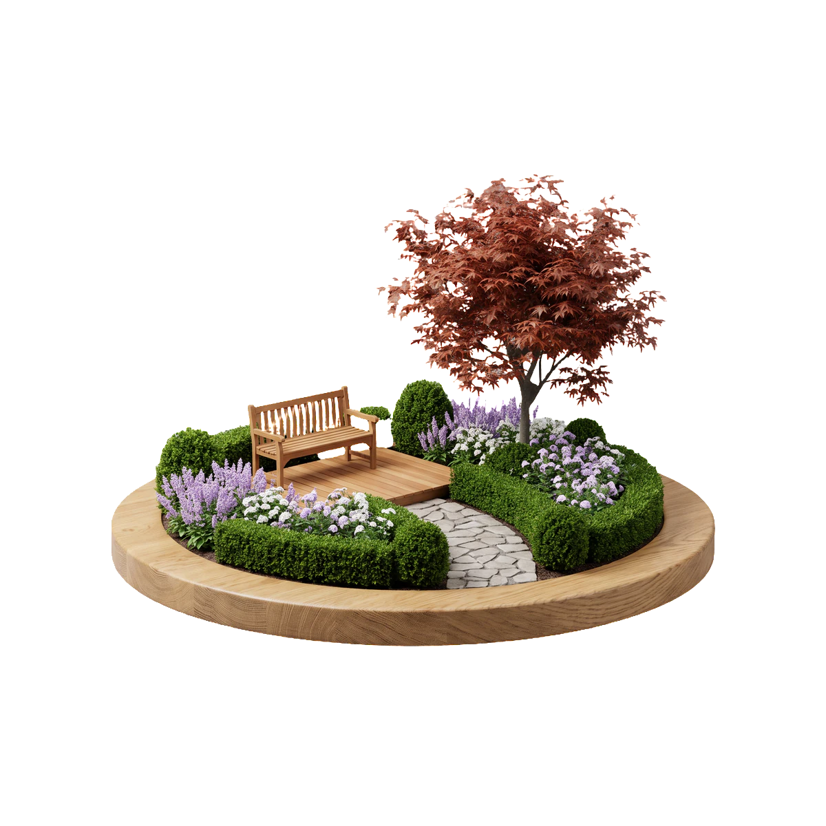 Miniature garden on a round oak base: a stone path, a bench, boxwood, lilac flowers and a maple