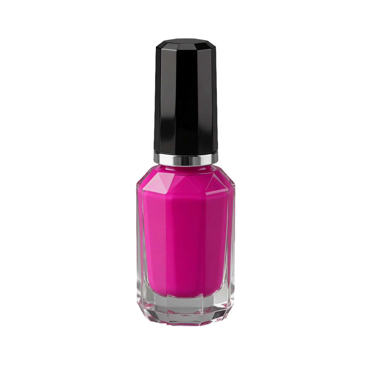 Faceted bottle of fuchsia nail polish with a glossy black cap