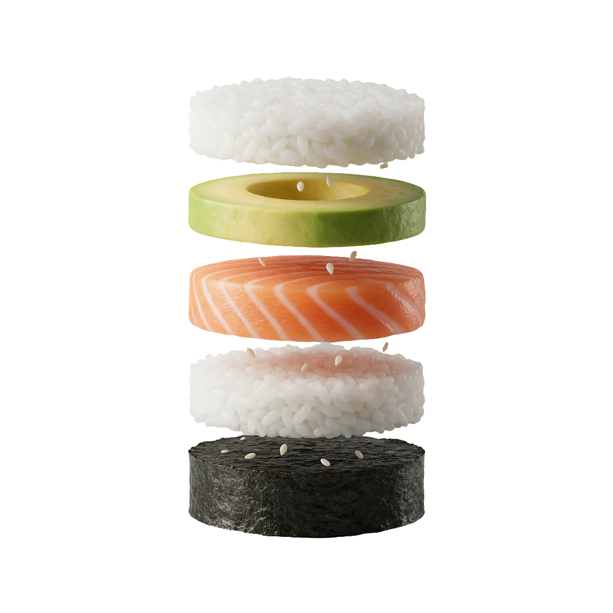 Sushi roll taken apart into layers: rice, avocado, salmon, rice and nori